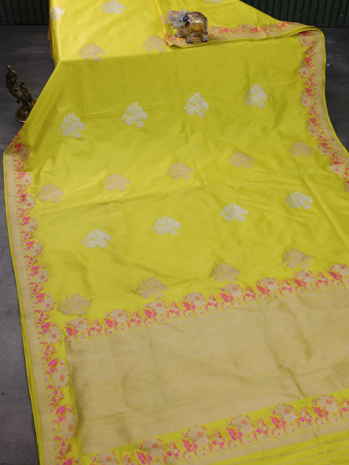 Lime Yellow Banarasi Silk Saree - Image 2