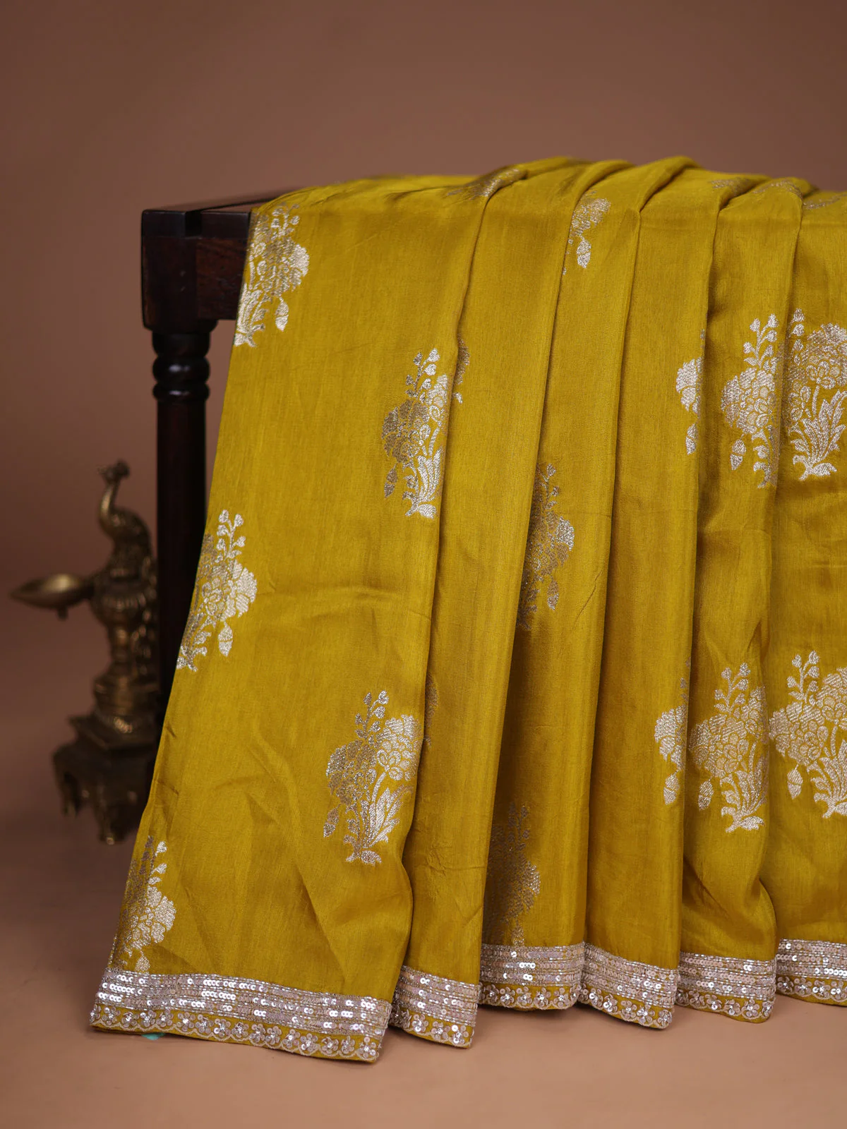 Lime Yellow Banarasi Silk Saree With Embroidered Readymade Blouse - Image 2