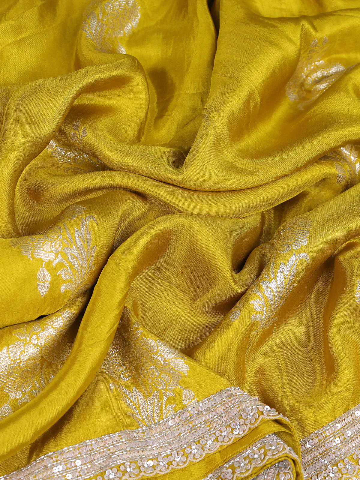 Lime Yellow Banarasi Silk Saree With Embroidered Readymade Blouse - Image 3