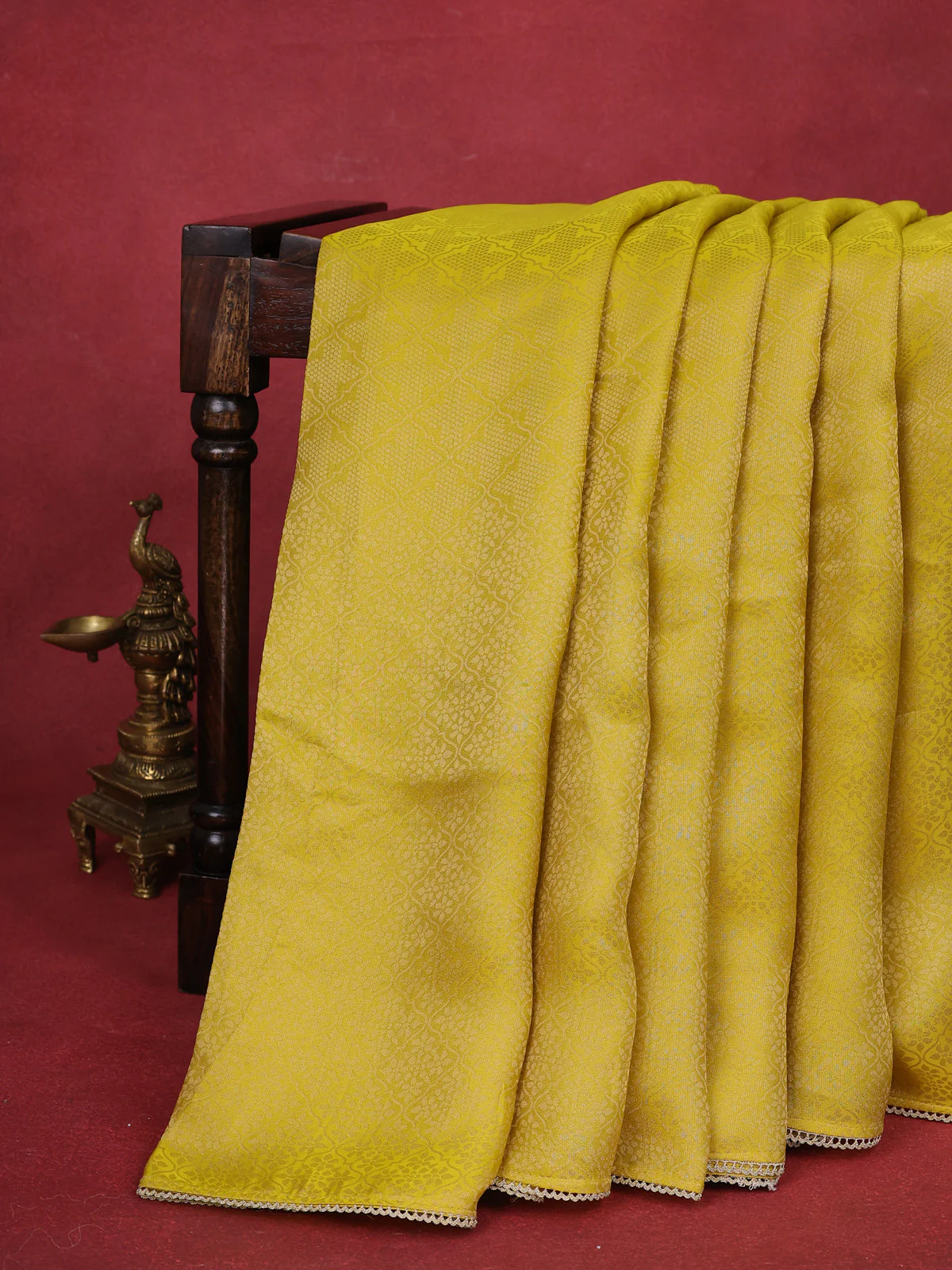 Lime Yellow Banarasi Silk Saree With Embroidery Readymade Blouse - Image 3