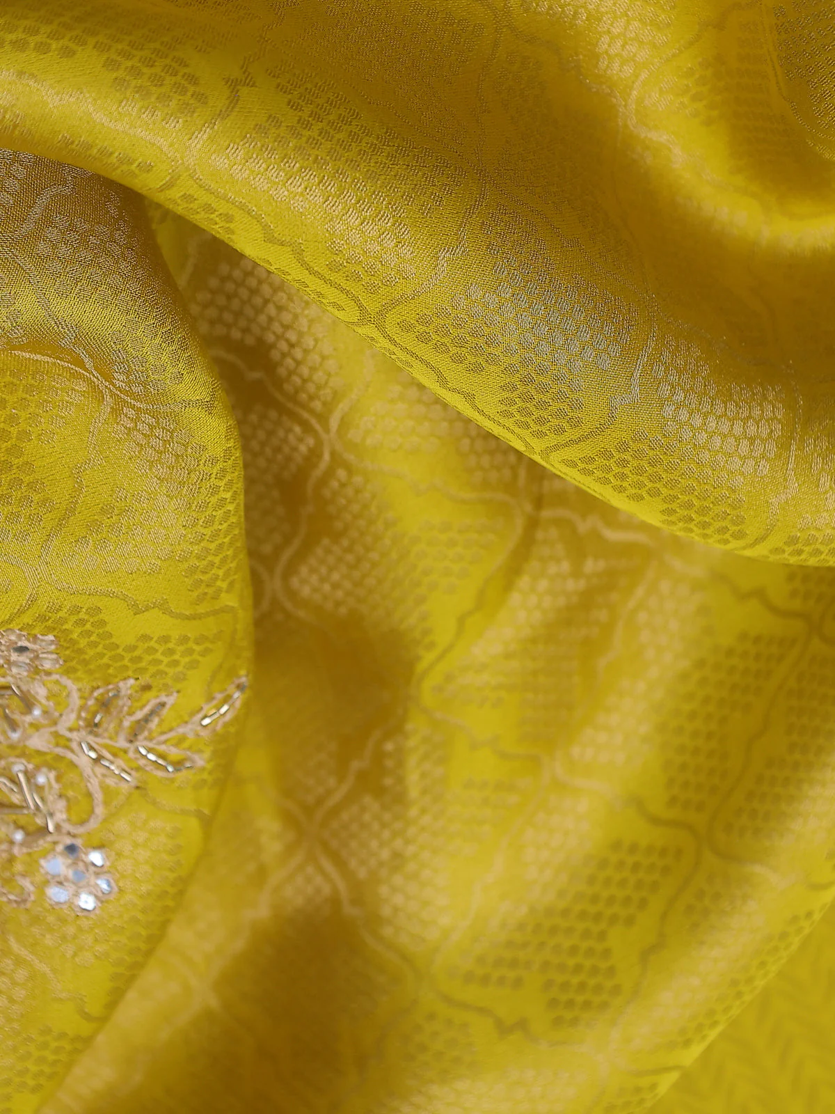 Lime Yellow Banarasi Silk Saree With Embroidery Readymade Blouse - Image 5