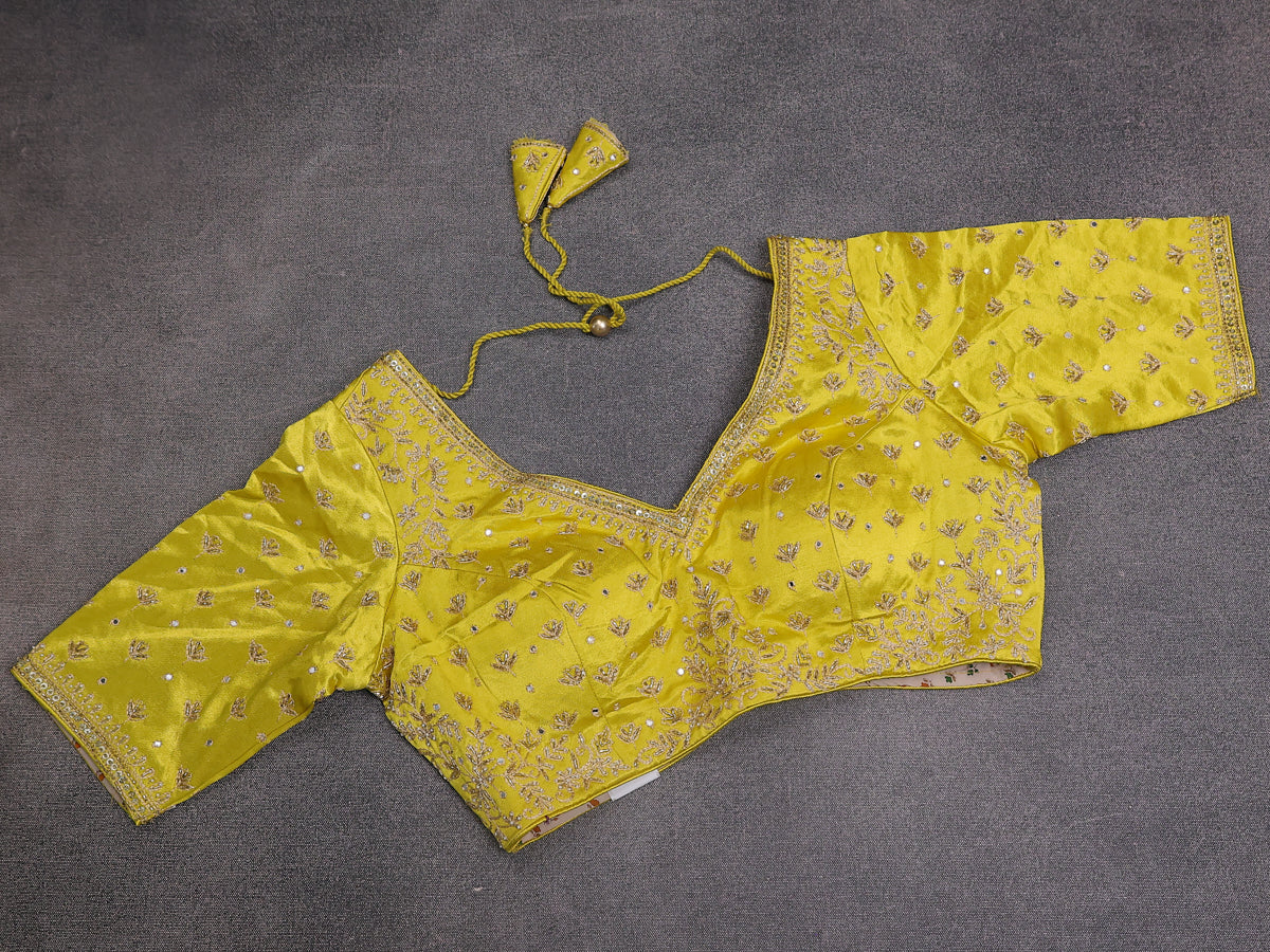 Lime Yellow Banarasi Silk Saree With Embroidery Readymade Blouse - Image 6