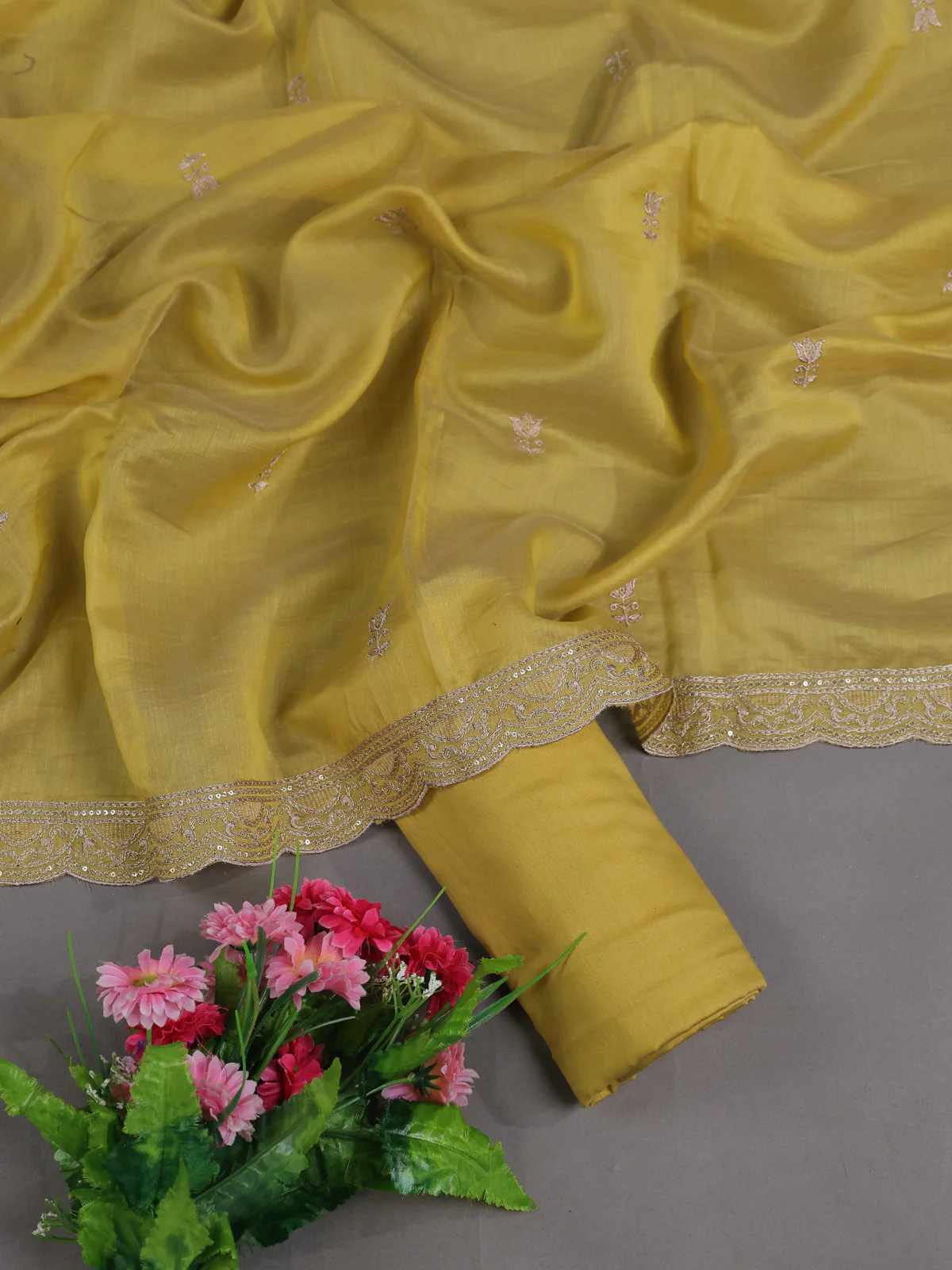 Lime Yellow Mul Chanderi Semi Stitched Suit - Image 2