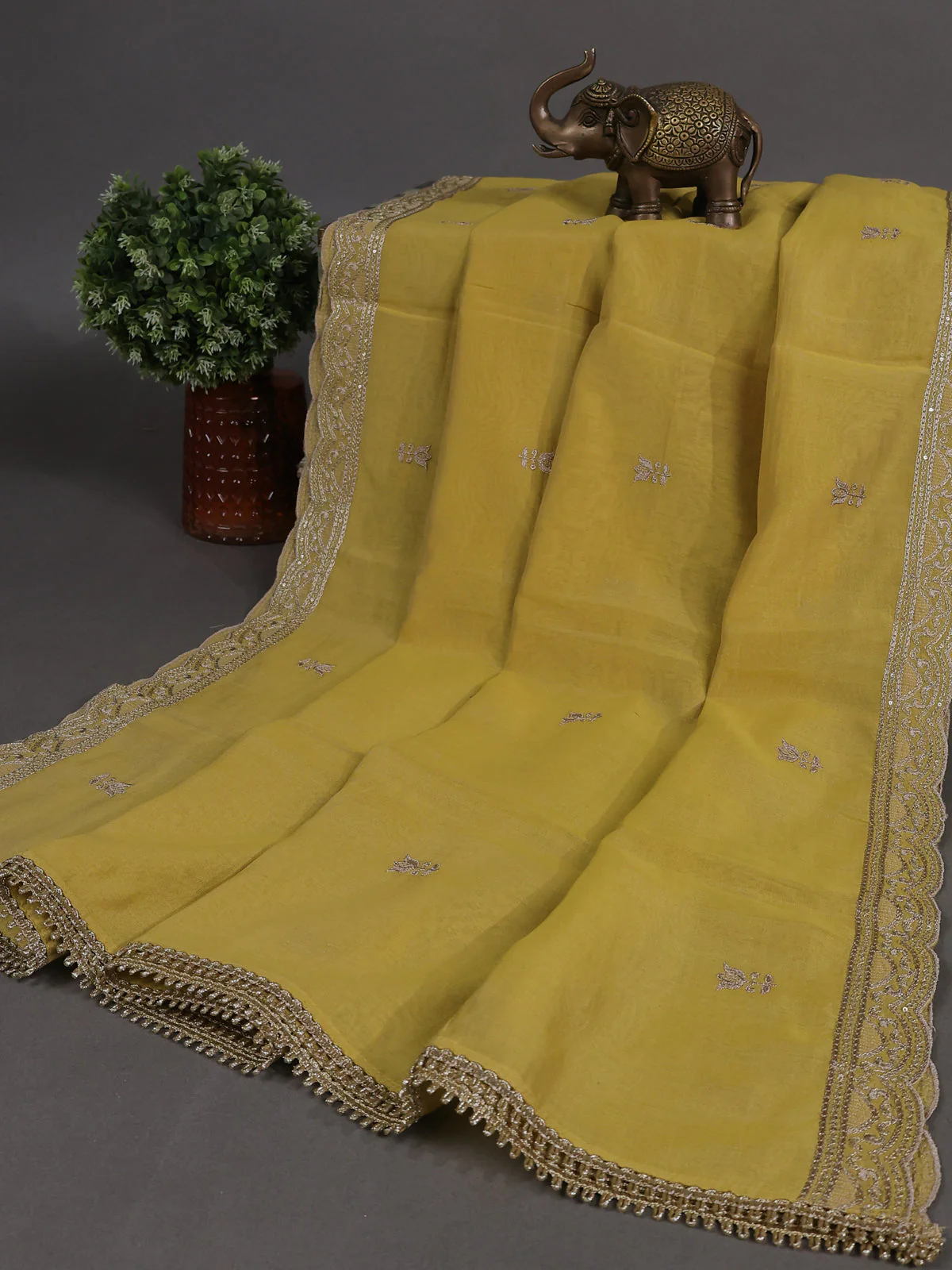 Lime Yellow Mul Chanderi Semi Stitched Suit - Image 3