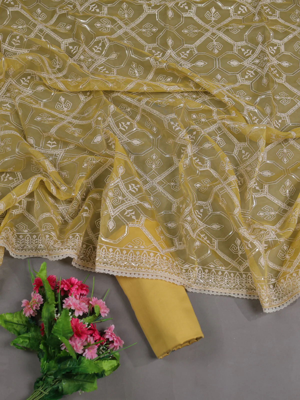 Lime Yellow Mul Chanderi Semi Stitched Suit - Image 2