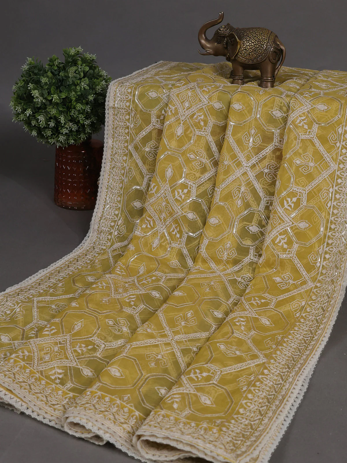 Lime Yellow Mul Chanderi Semi Stitched Suit - Image 3