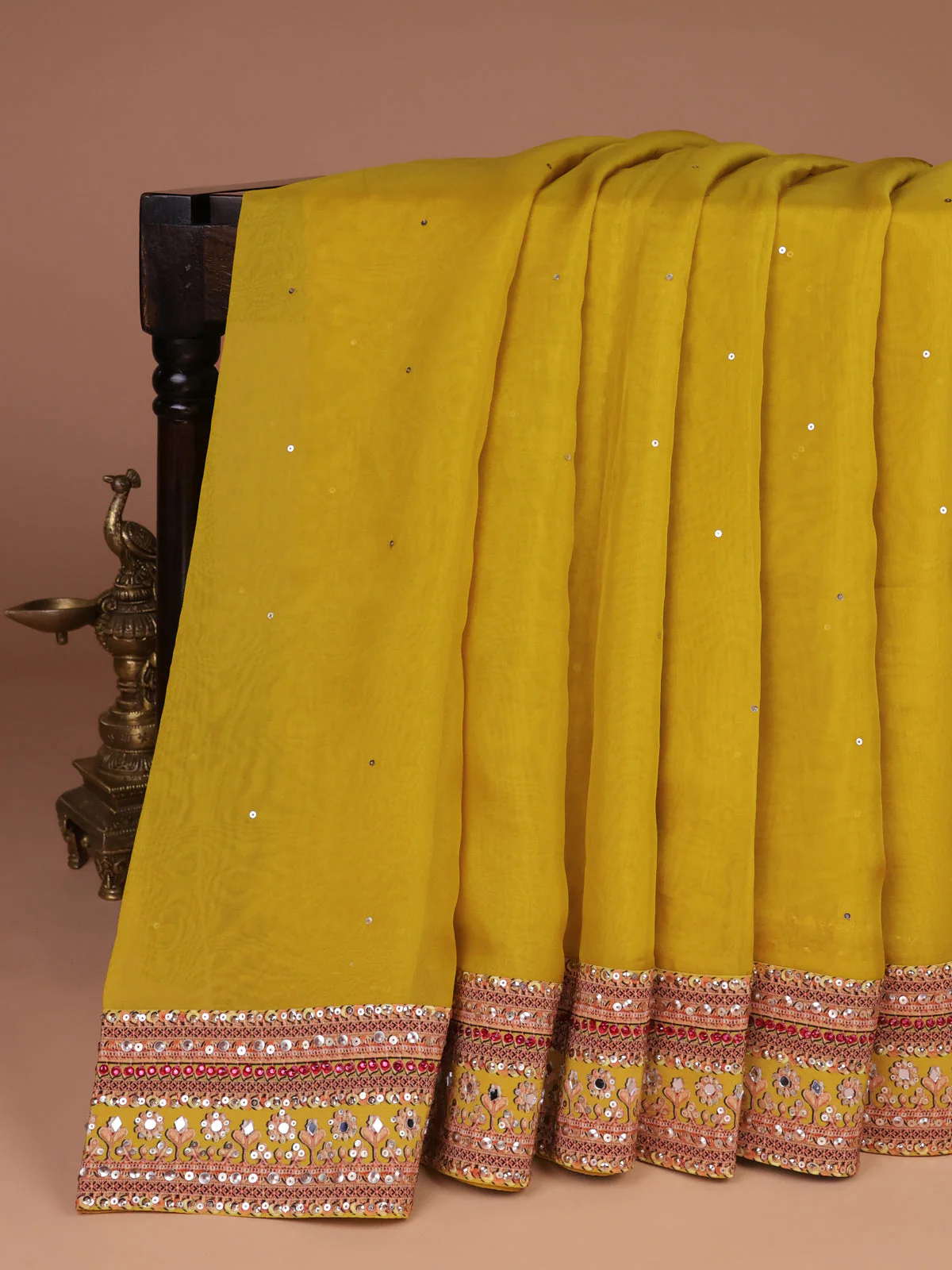 Lime Yellow Organza Silk Saree - Embroidery Readymade Blouse - Image 2