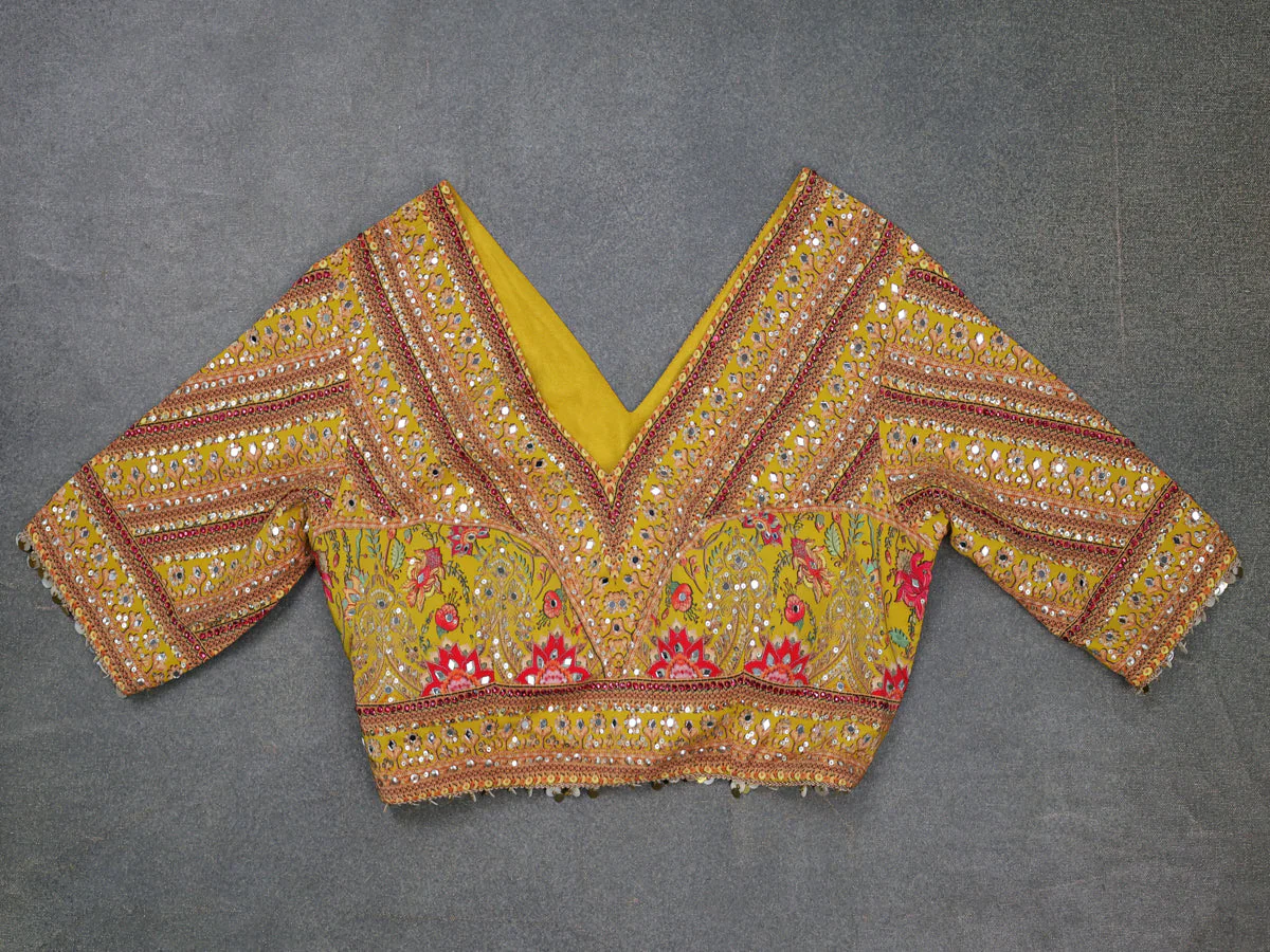 Lime Yellow Organza Silk Saree - Embroidery Readymade Blouse - Image 3