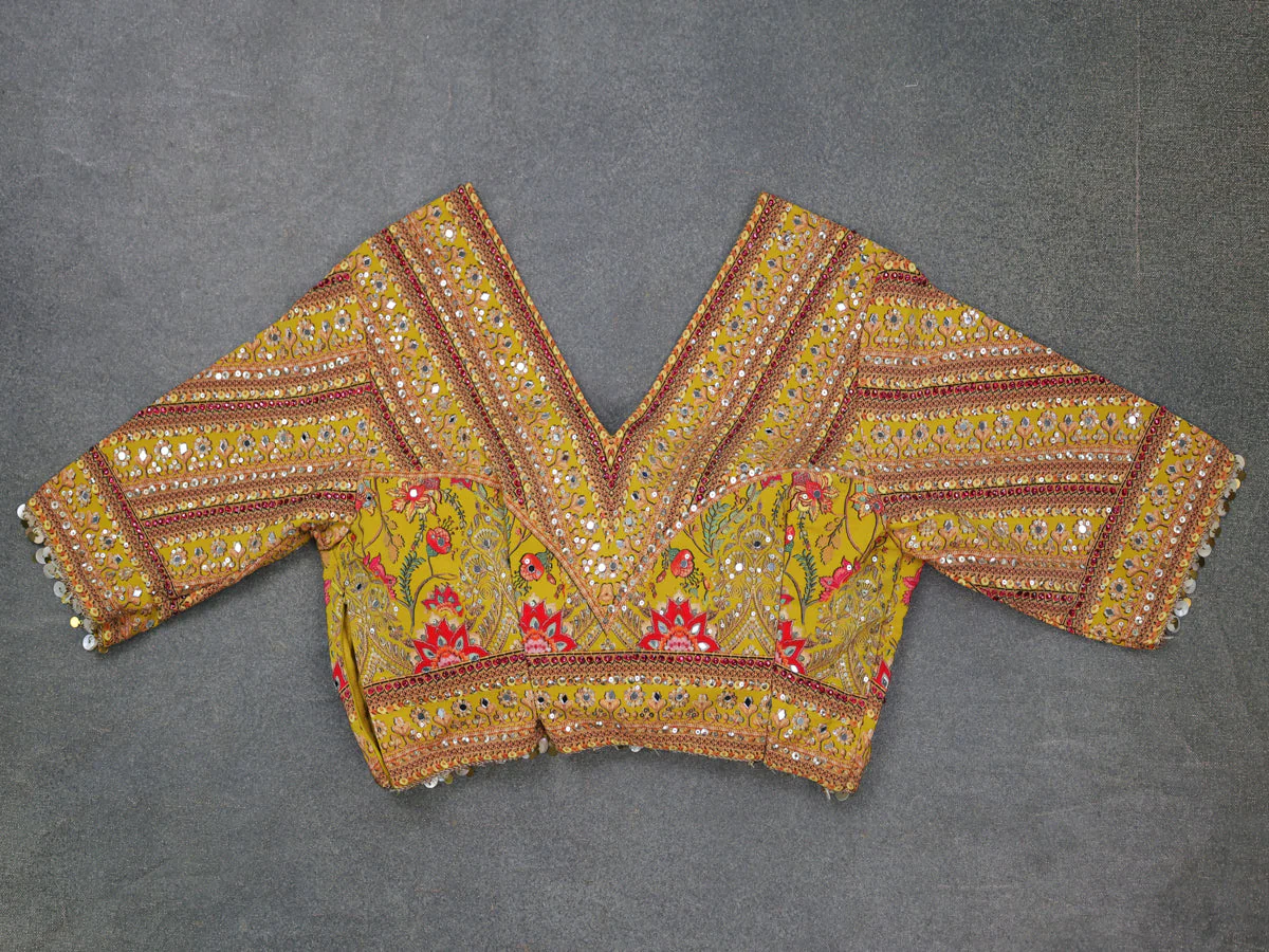 Lime Yellow Organza Silk Saree - Embroidery Readymade Blouse - Image 4