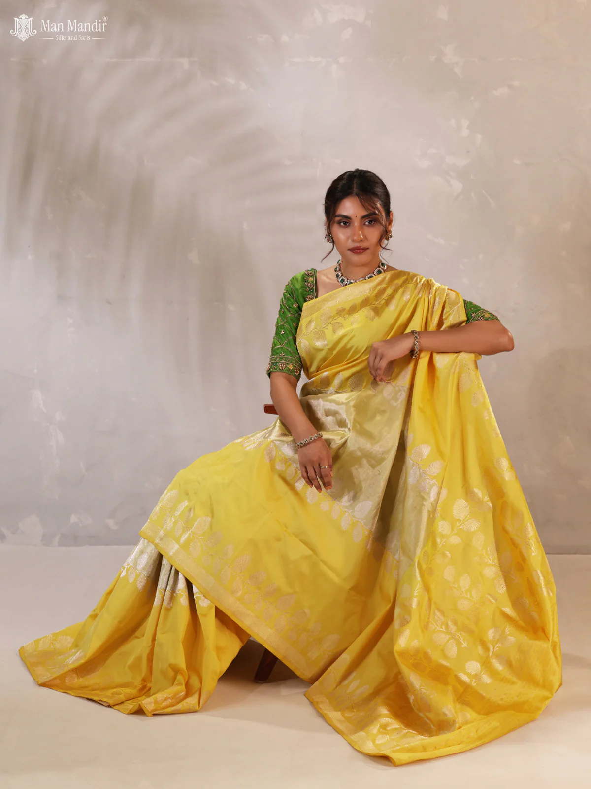 Lime Yellow -Yellow Banarasi Fekwa Silk Saree - Image 2