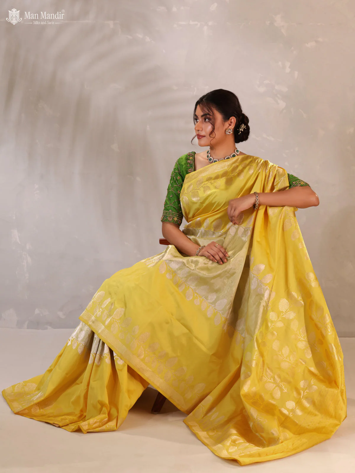 Lime Yellow -Yellow Banarasi Fekwa Silk Saree - Image 3
