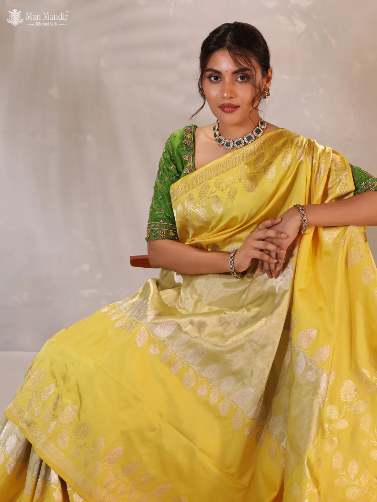 Lime Yellow -Yellow Banarasi Fekwa Silk Saree - Image 4