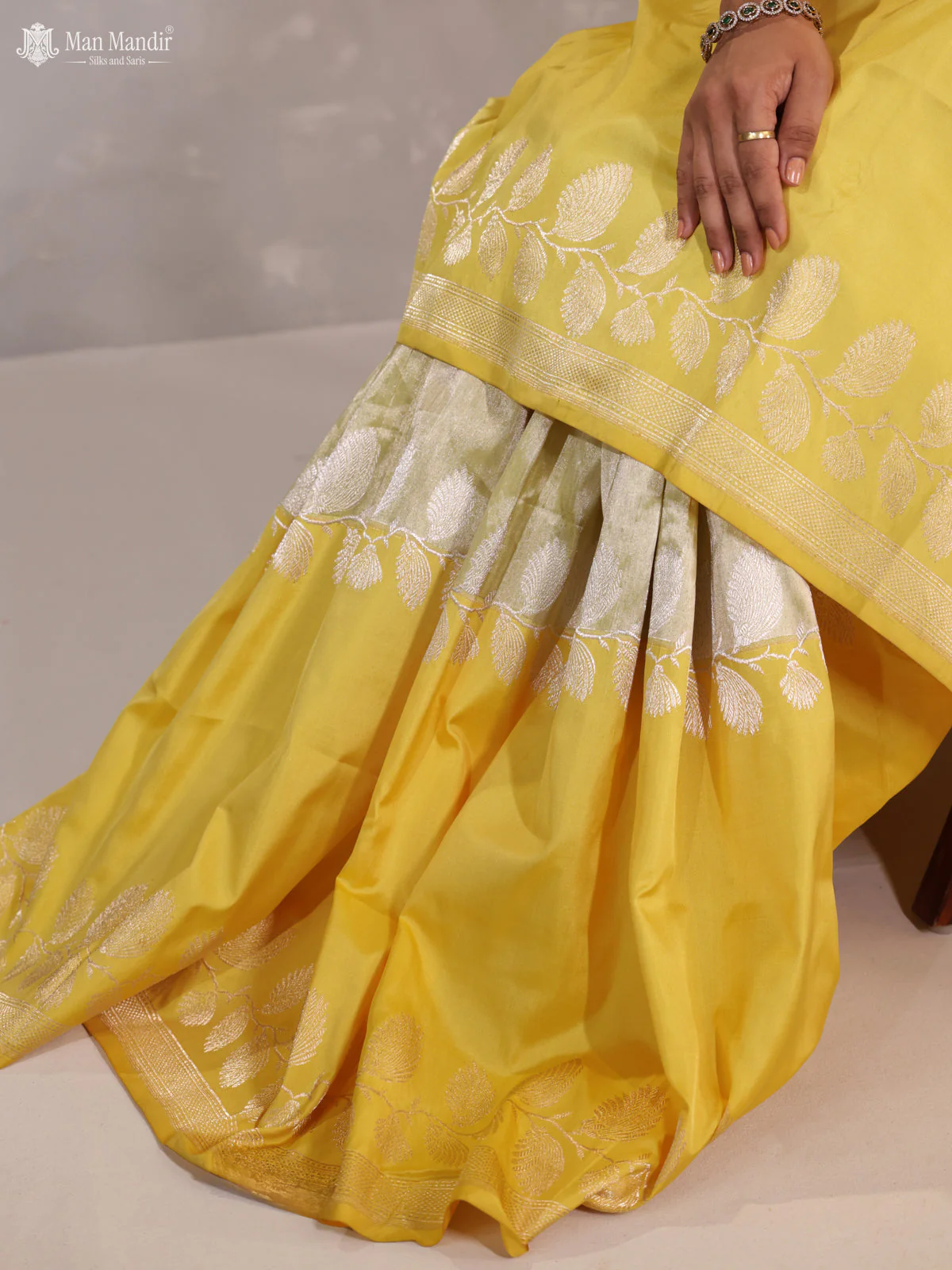 Lime Yellow -Yellow Banarasi Fekwa Silk Saree - Image 5