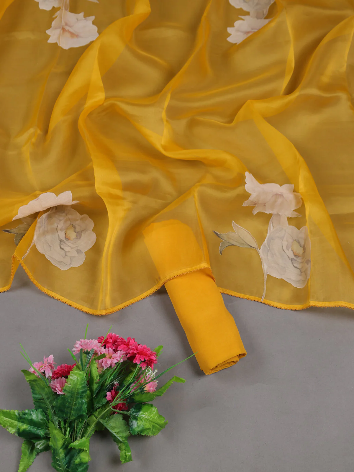 Mango Yellow Organza Semi Stitched Suit - Image 2
