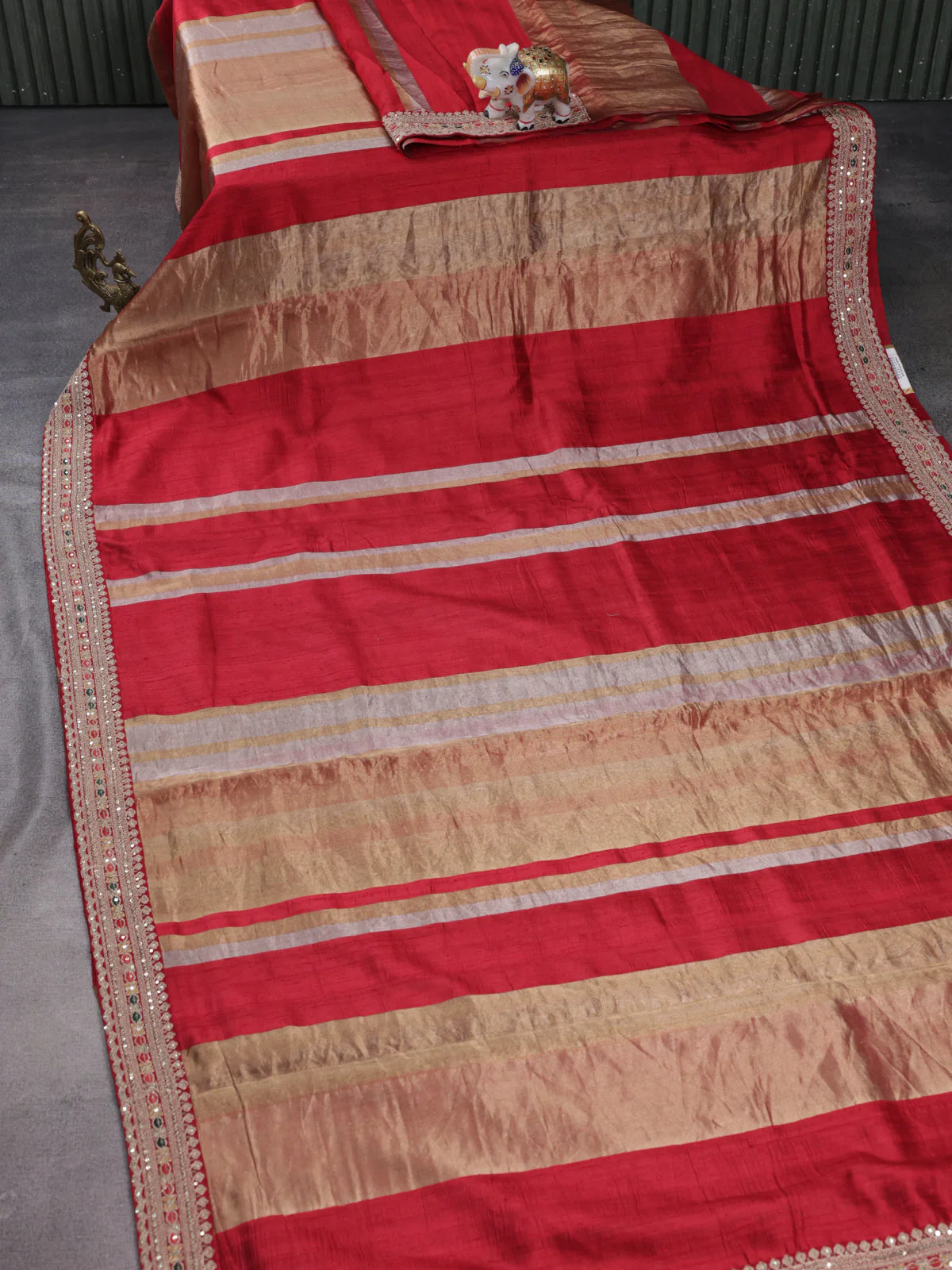 Maroon Banarasi Raw Silk With Silk & Gold Stripes & Sequin Work Border - Image 2