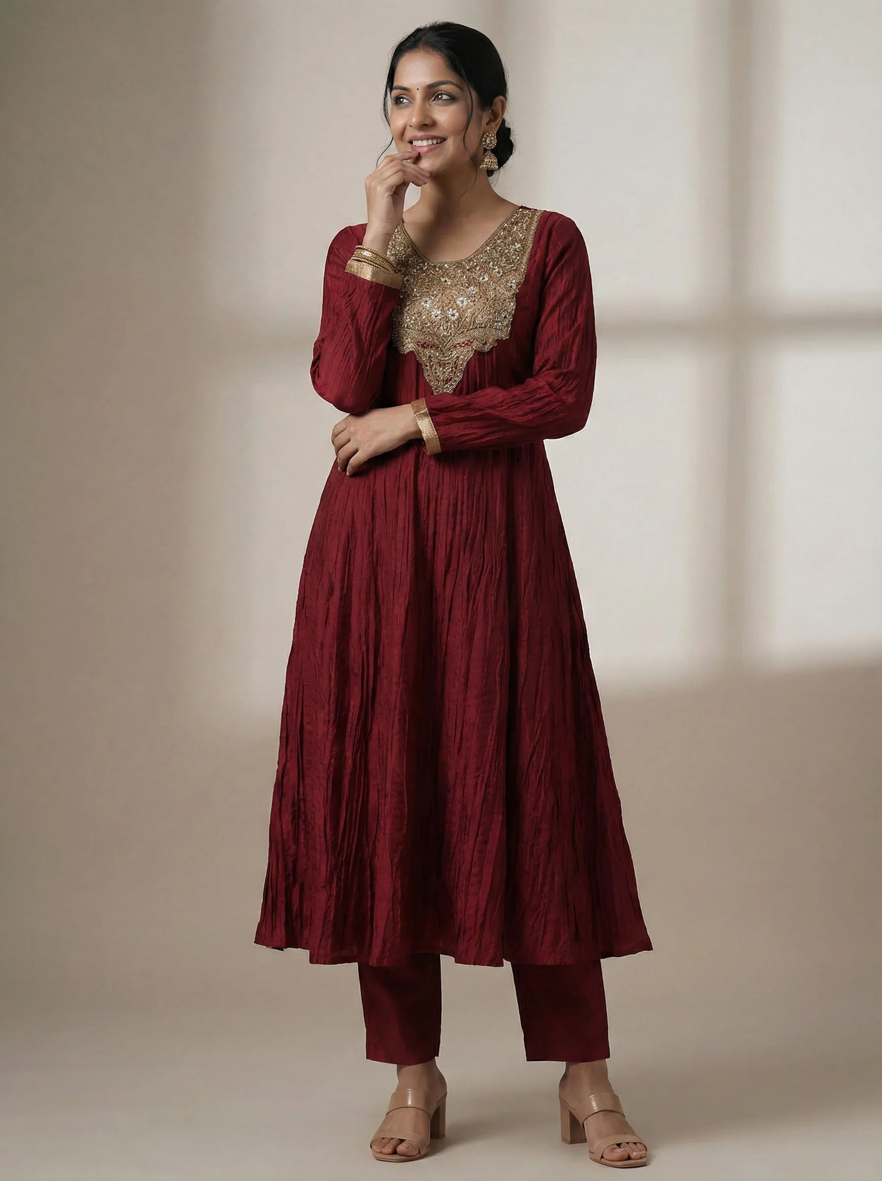 Maroon Embroidered Silk Anarkali Suit With Pant And Dupatta - Image 2