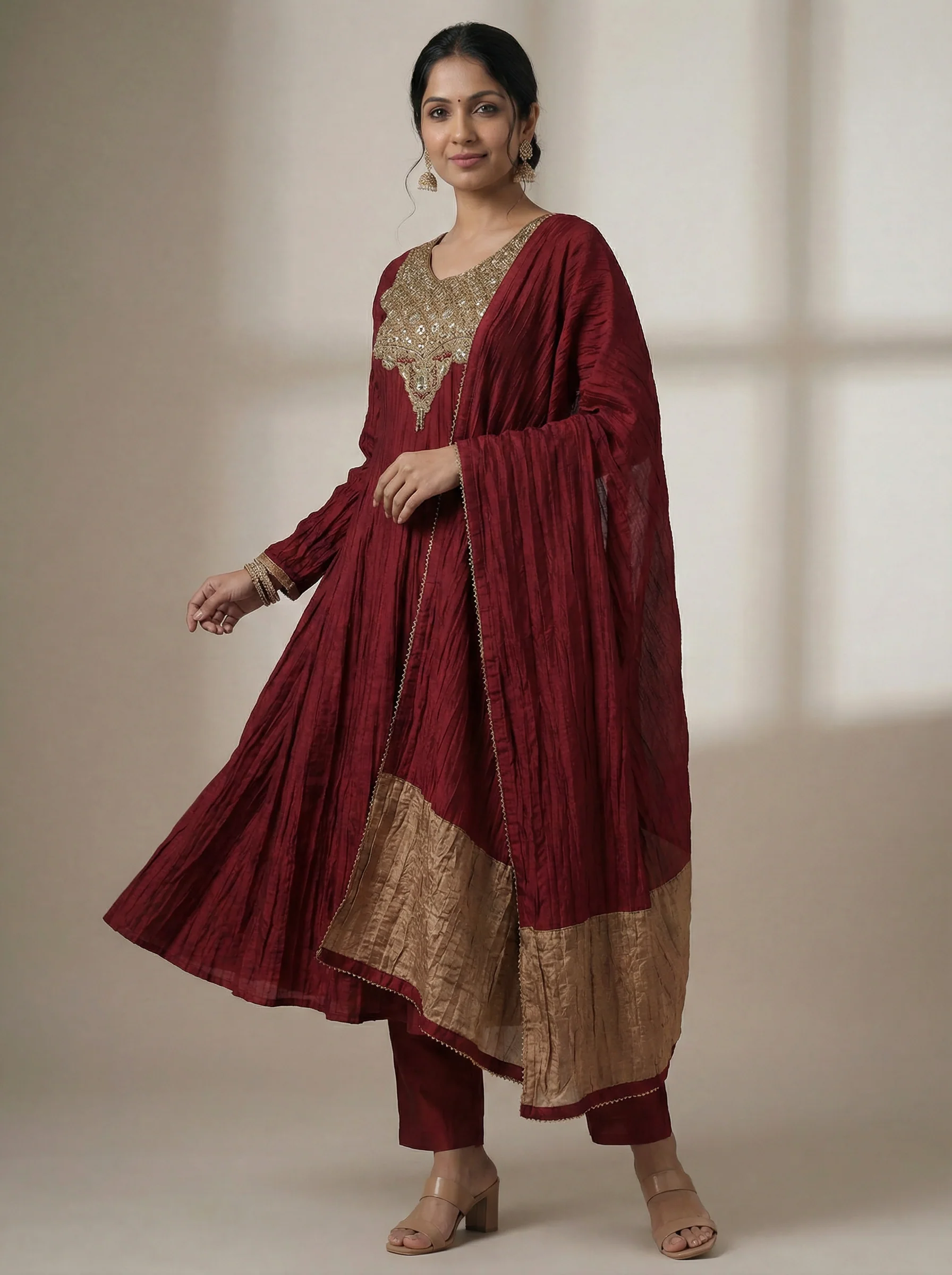 Maroon Embroidered Silk Anarkali Suit With Pant And Dupatta - Image 3