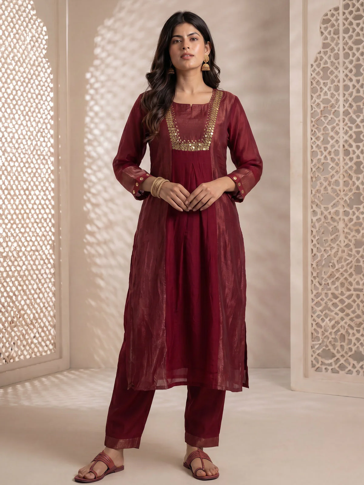 Maroon Mul Chanderi Anarkali Suit - Image 2