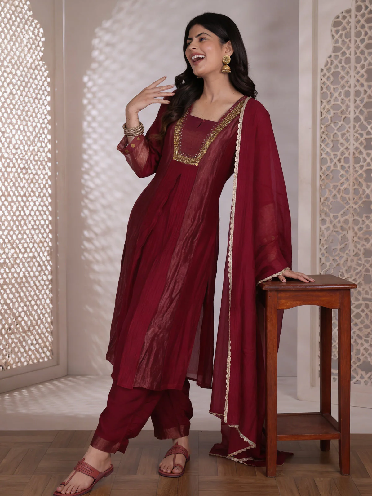 Maroon Mul Chanderi Anarkali Suit - Image 3