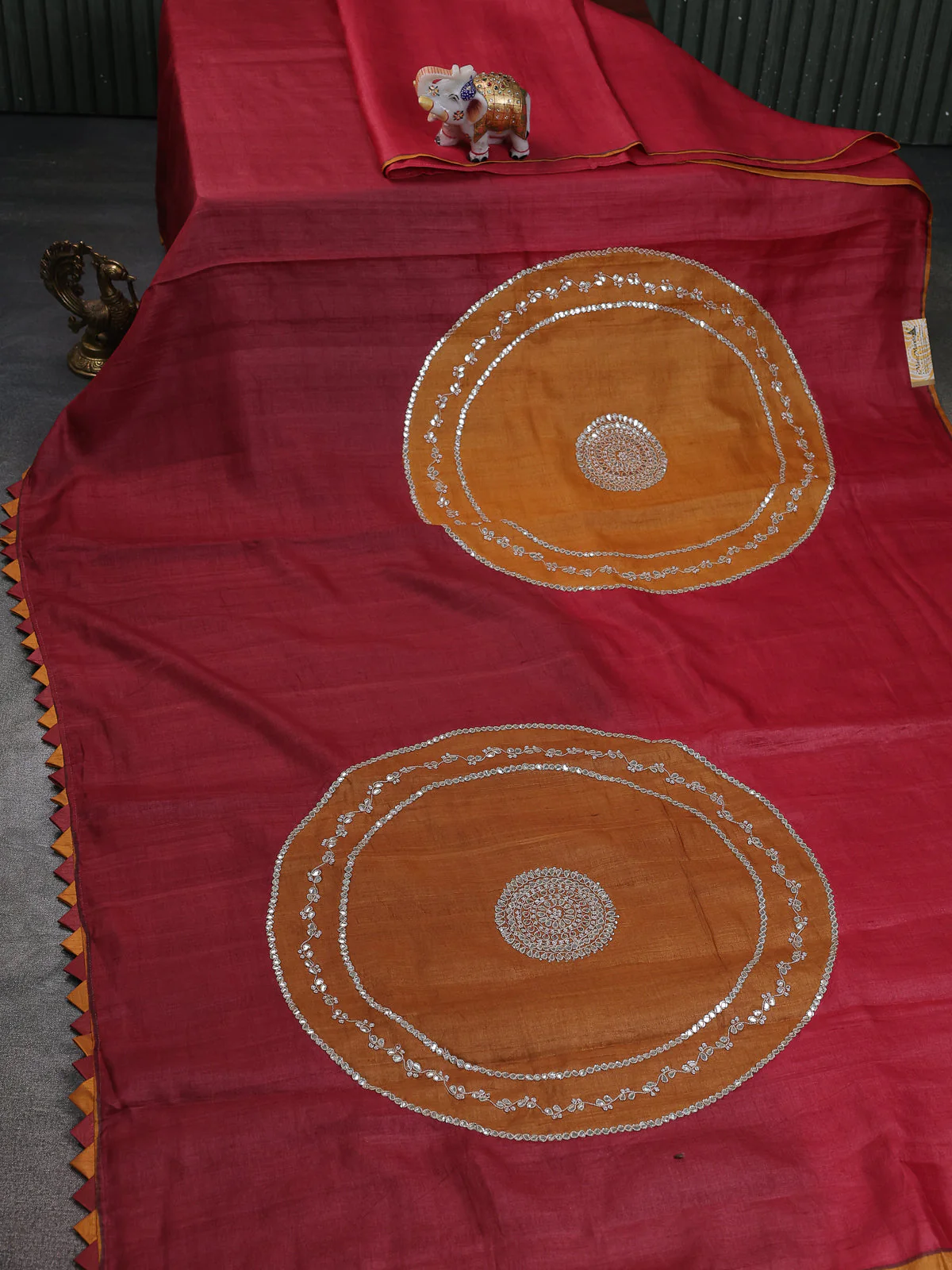 Maroon-Mustard Tussar Silk Saree - Image 2