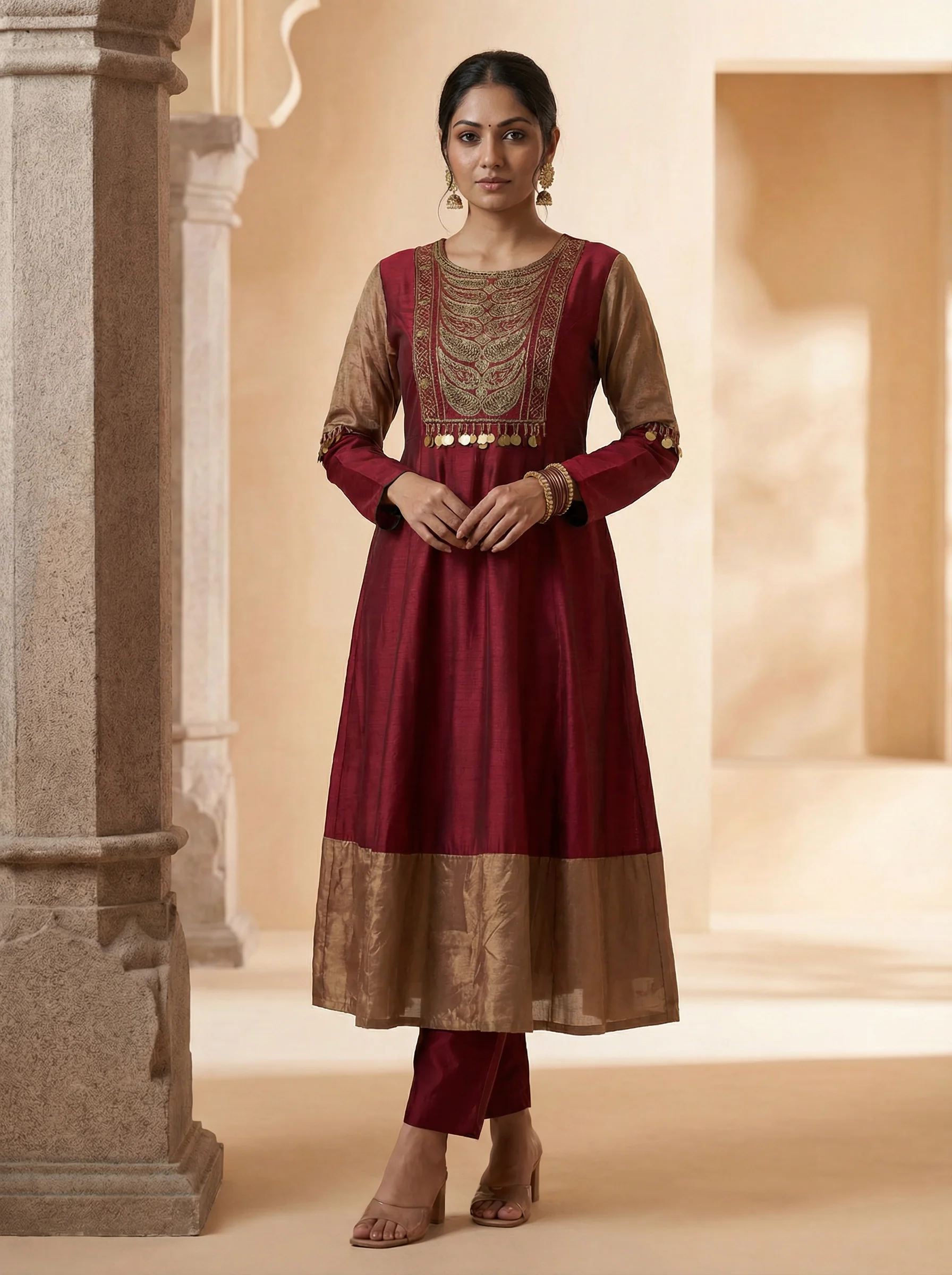 Maroon Tussar Anarkali Suit With Zardosi And Sequins Hand Embroidery - Image 2