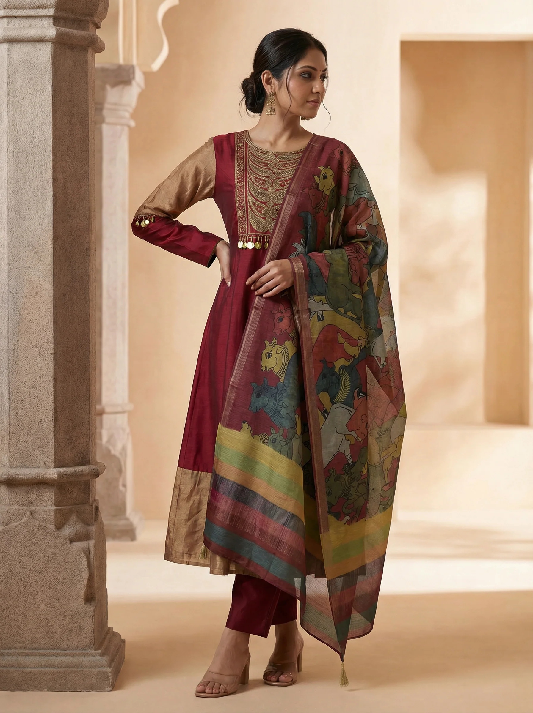 Maroon Tussar Anarkali Suit With Zardosi And Sequins Hand Embroidery - Image 3