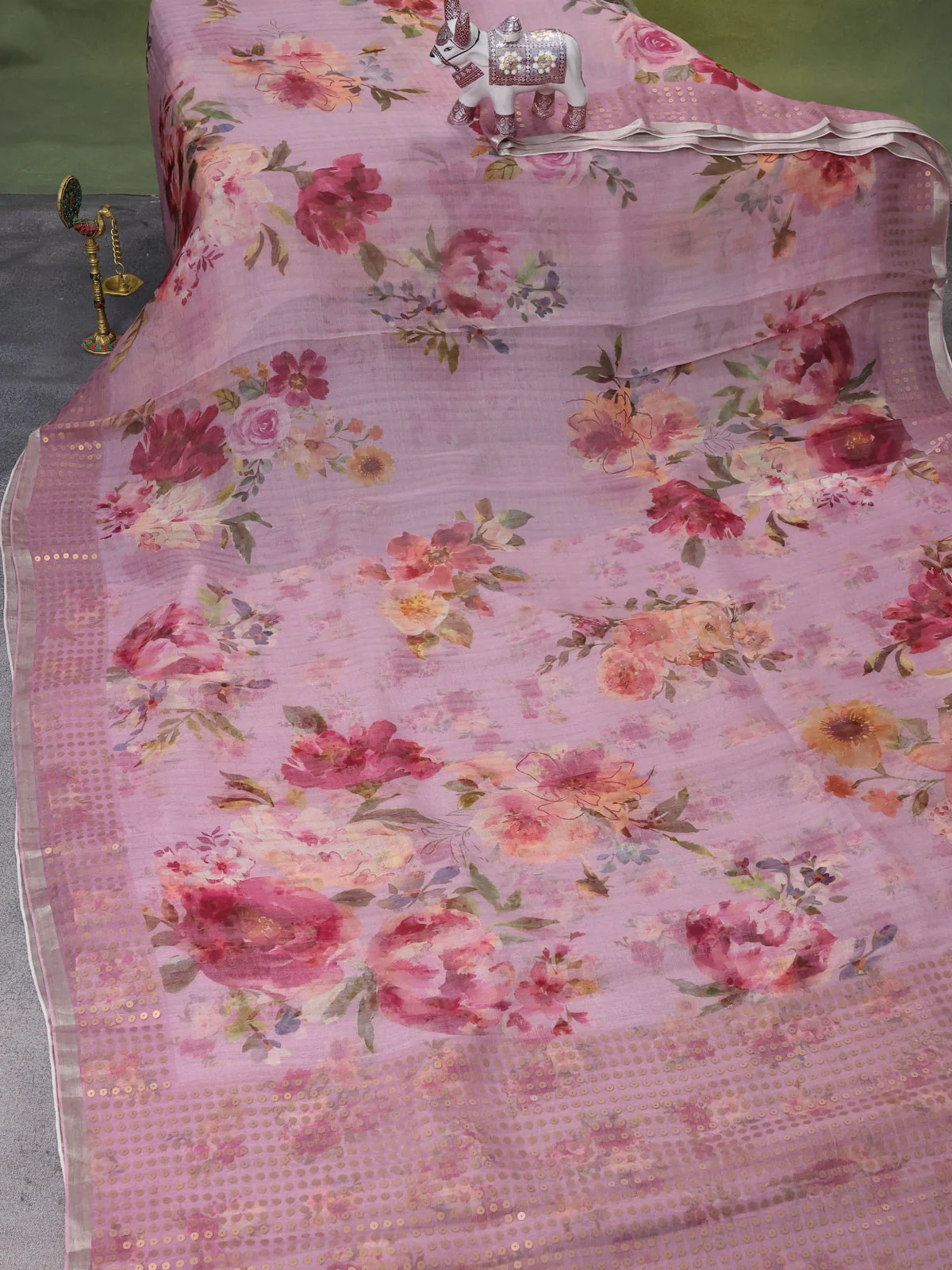 Mauve Pink  Muslin Organza Silk Saree With Digital Prints - Image 2