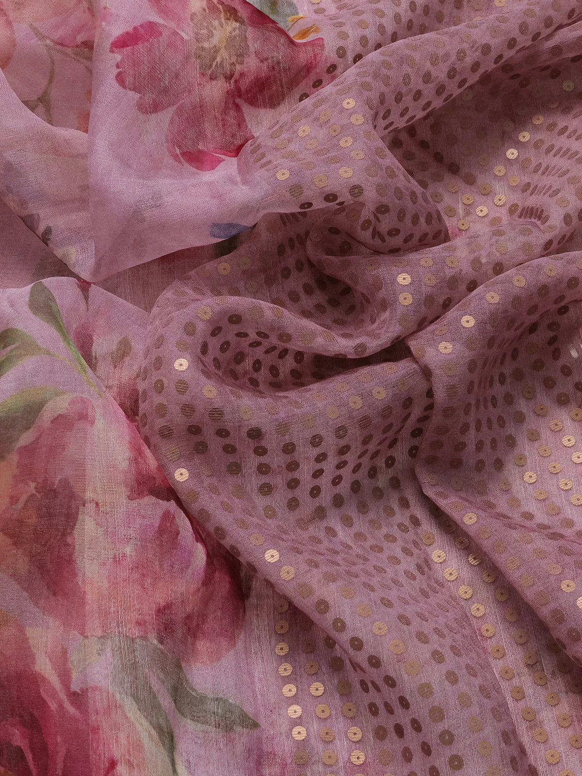 Mauve Pink  Muslin Organza Silk Saree With Digital Prints - Image 3