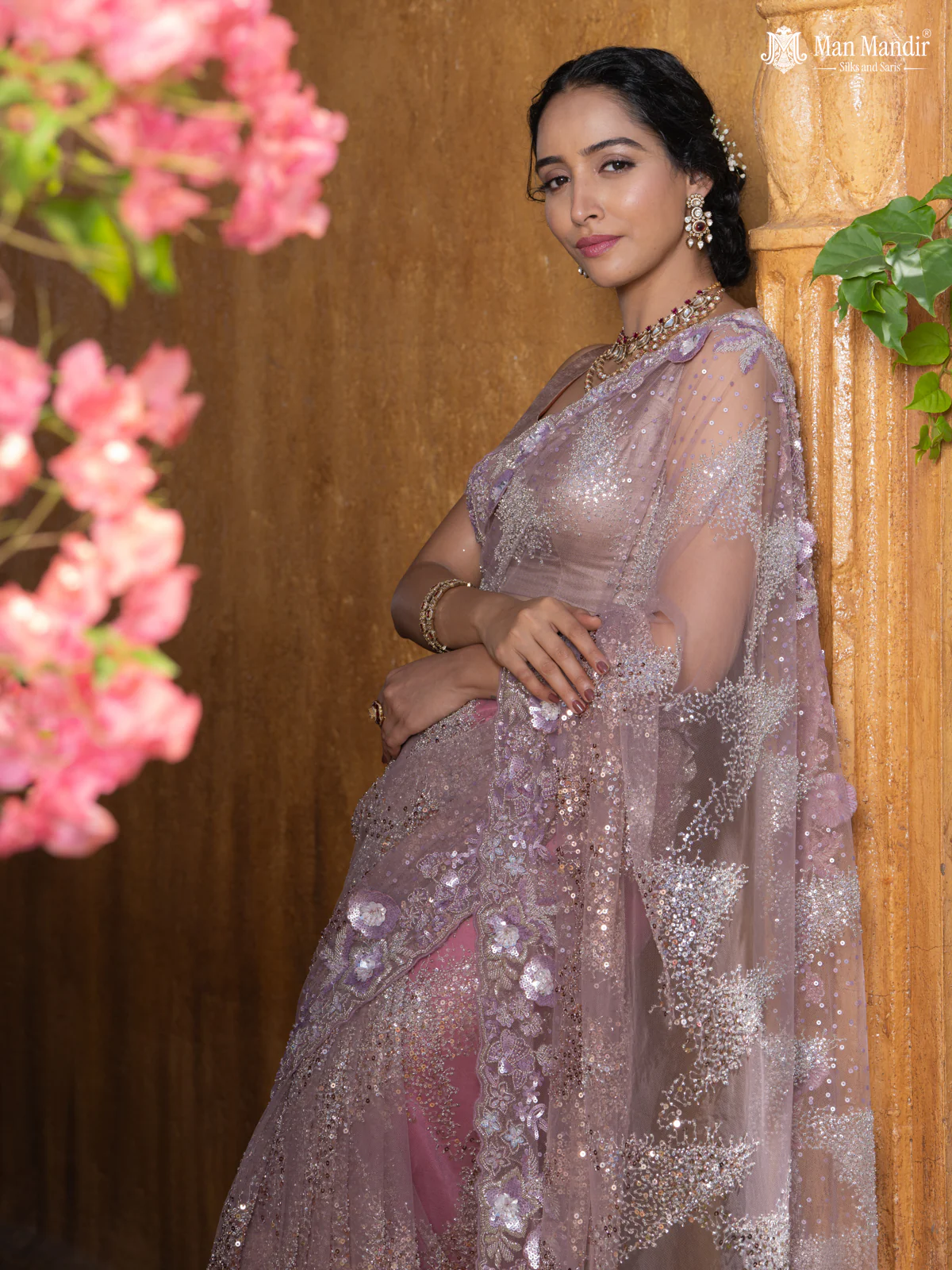 Mauve Pink Sequin Embroidered Netted Designer Saree - Image 3