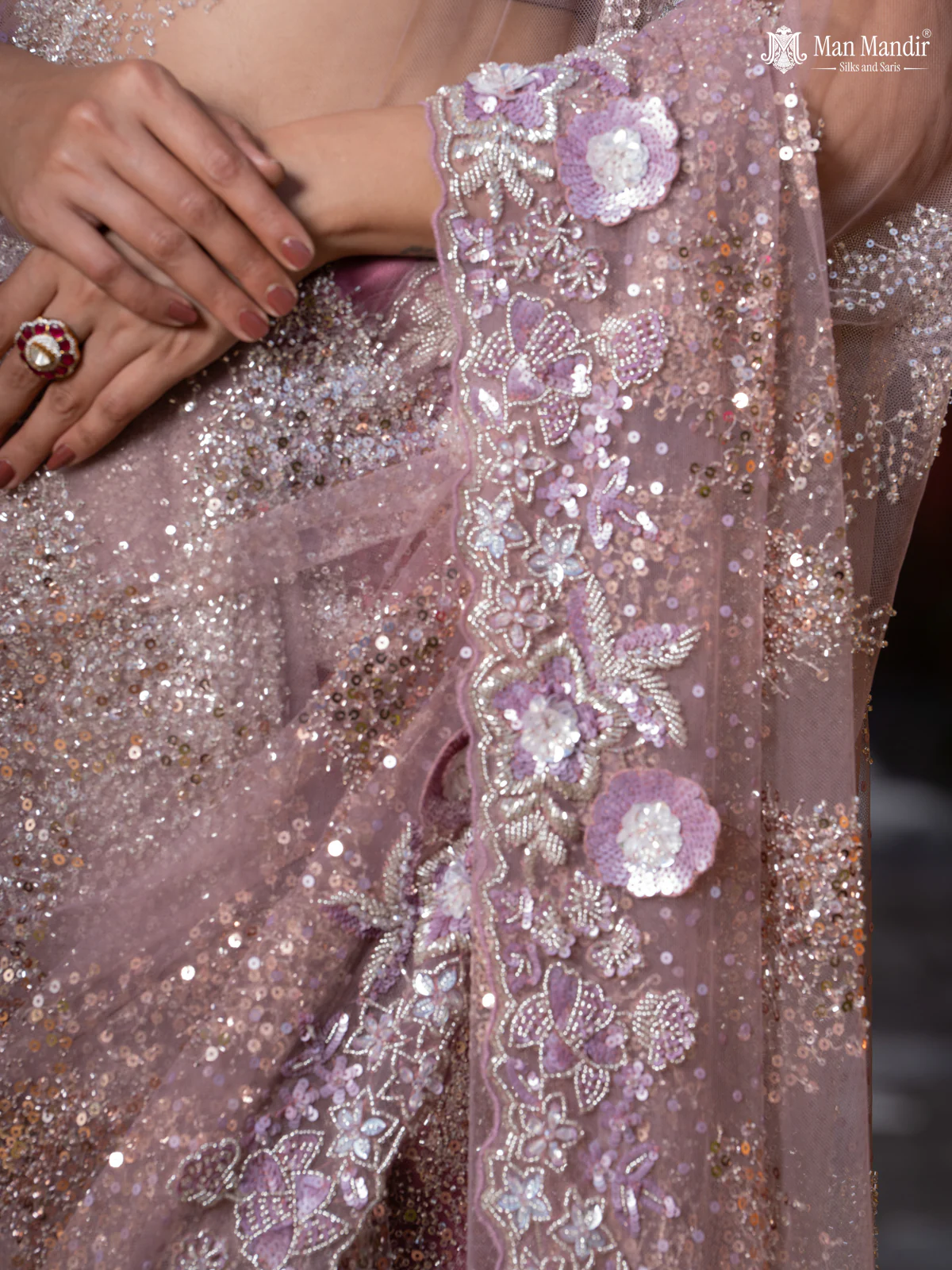 Mauve Pink Sequin Embroidered Netted Designer Saree - Image 4