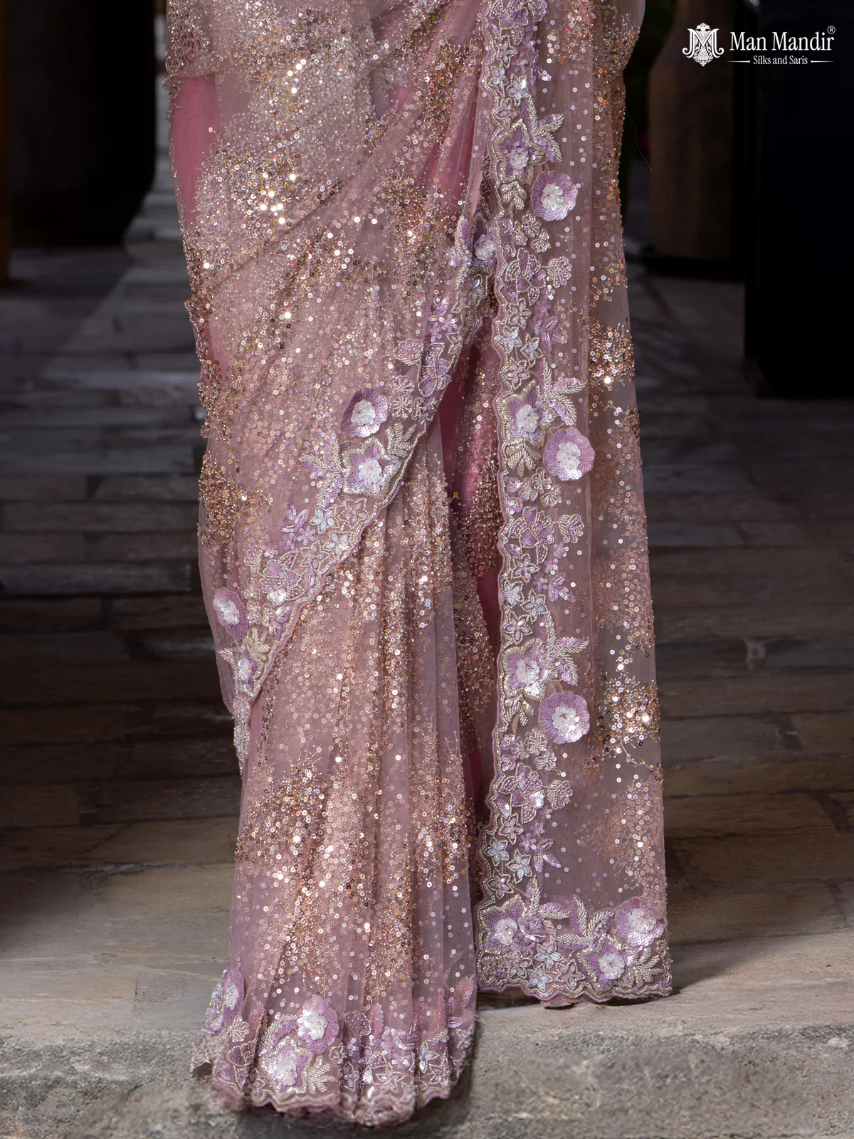 Mauve Pink Sequin Embroidered Netted Designer Saree - Image 5