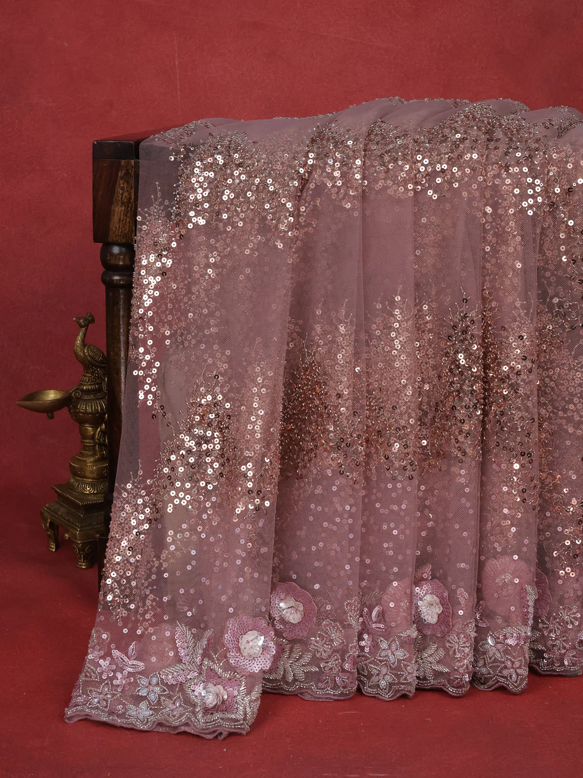 Mauve Pink Sequin Embroidered Netted Designer Saree - Image 6