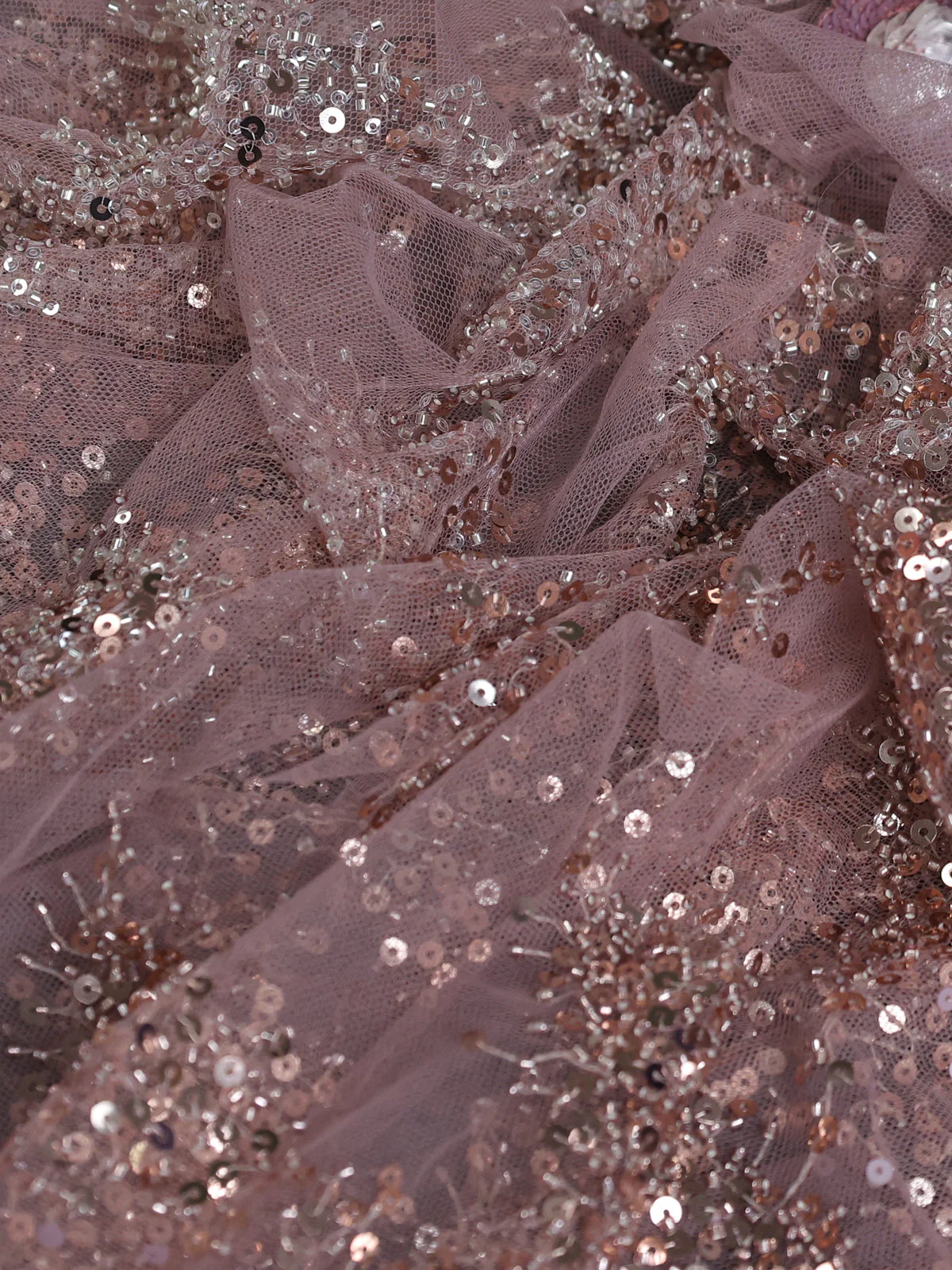 Mauve Pink Sequin Embroidered Netted Designer Saree - Image 8