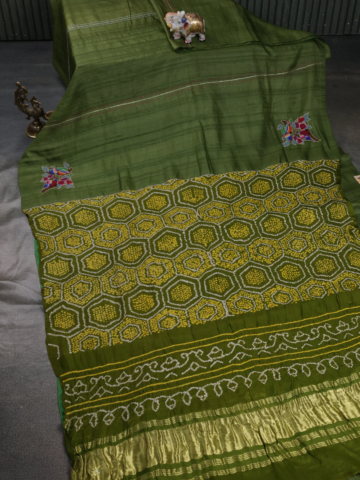 Mehendi Green Pure Tussar Silk Saree With Kutch Embroidery & Kantha Stitch Work - Image 2