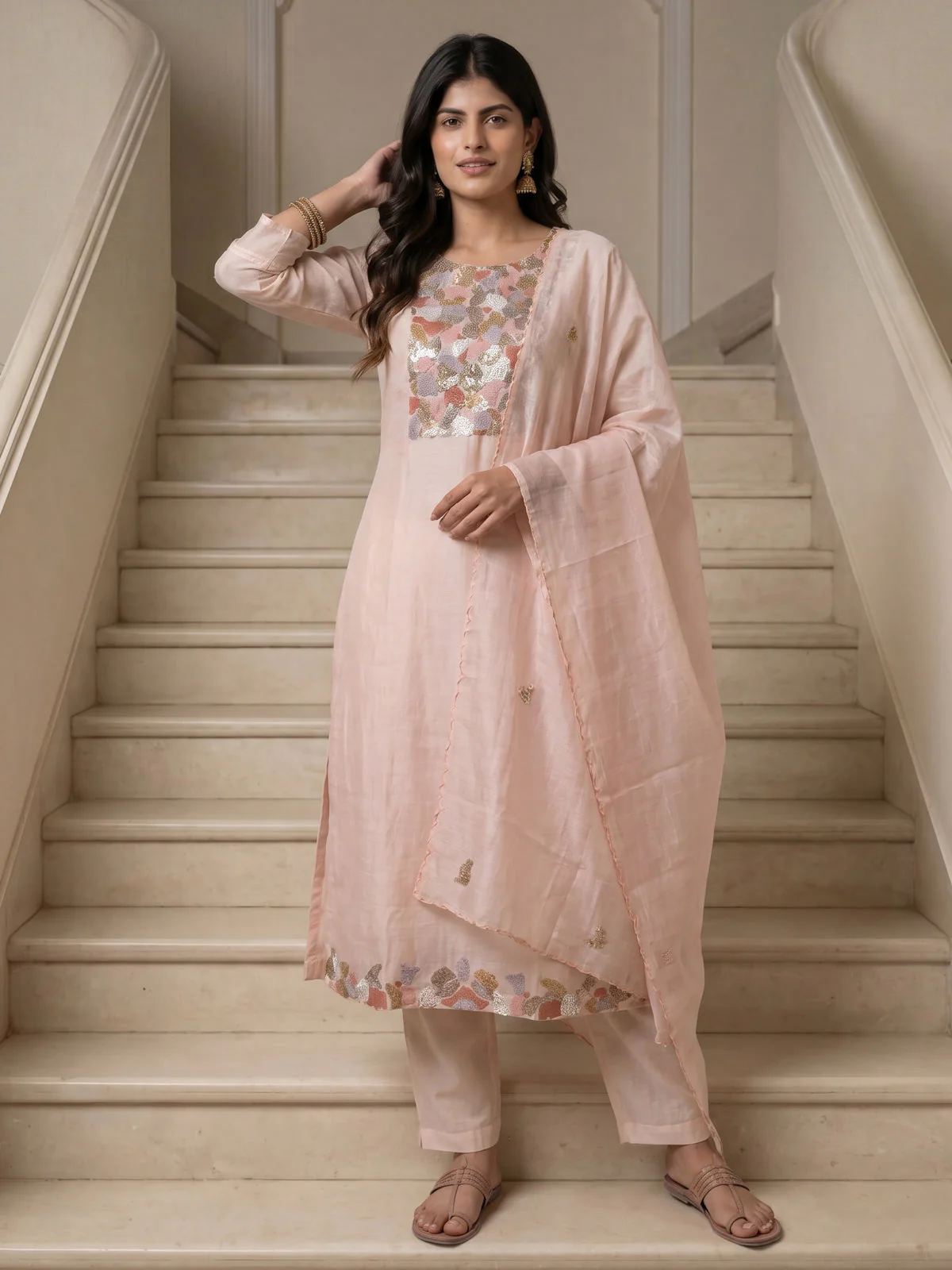 Mild Peach Mul Chanderi Anarkali Suit - Image 2
