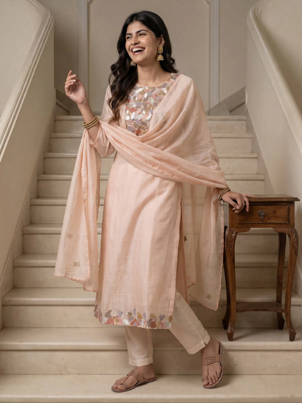 Mild Peach Mul Chanderi Anarkali Suit - Image 3