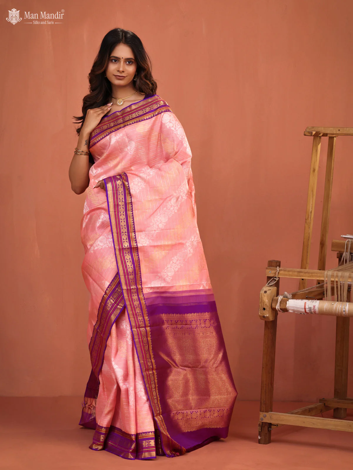 Mild Peach - Purple Kanchipuram Silk Saree - Image 2
