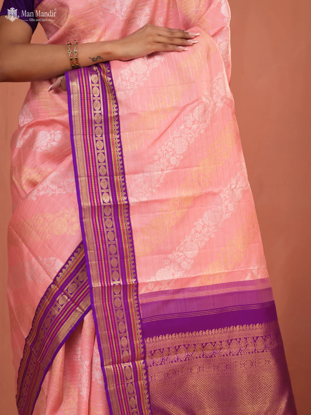 Mild Peach - Purple Kanchipuram Silk Saree - Image 3