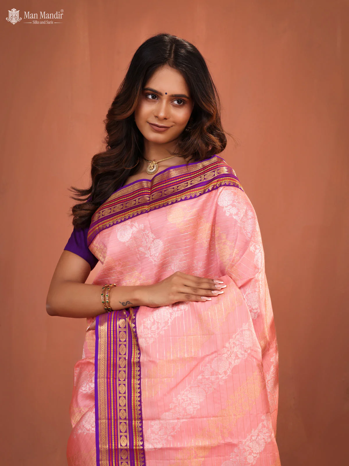 Mild Peach - Purple Kanchipuram Silk Saree - Image 4
