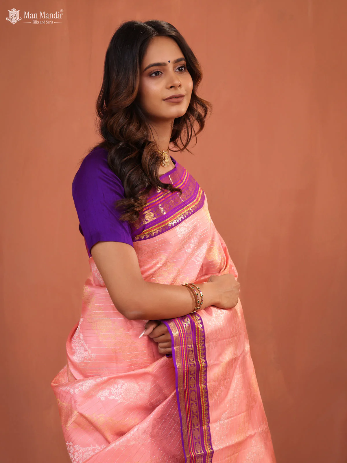 Mild Peach - Purple Kanchipuram Silk Saree - Image 5