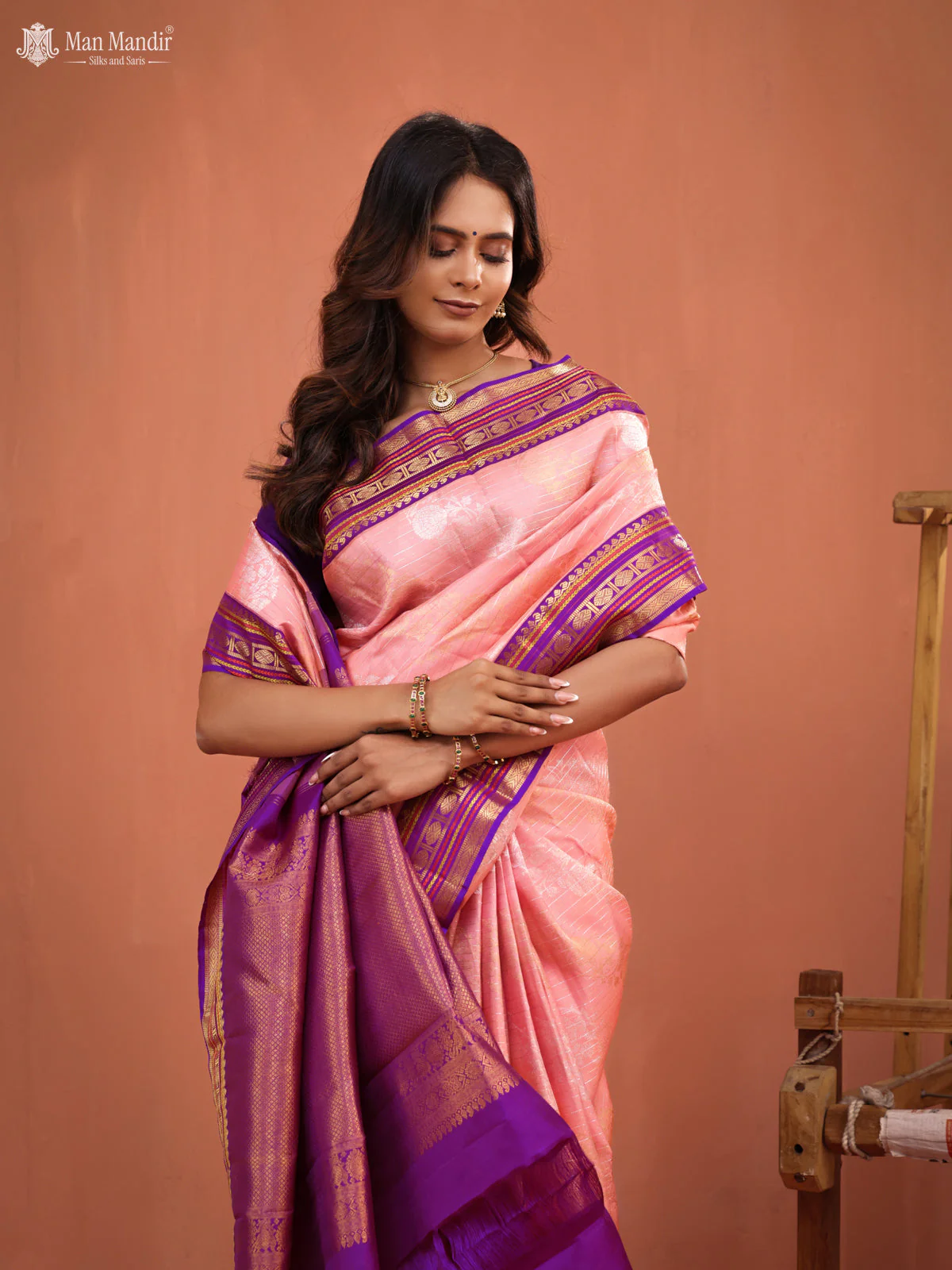 Mild Peach - Purple Kanchipuram Silk Saree - Image 6