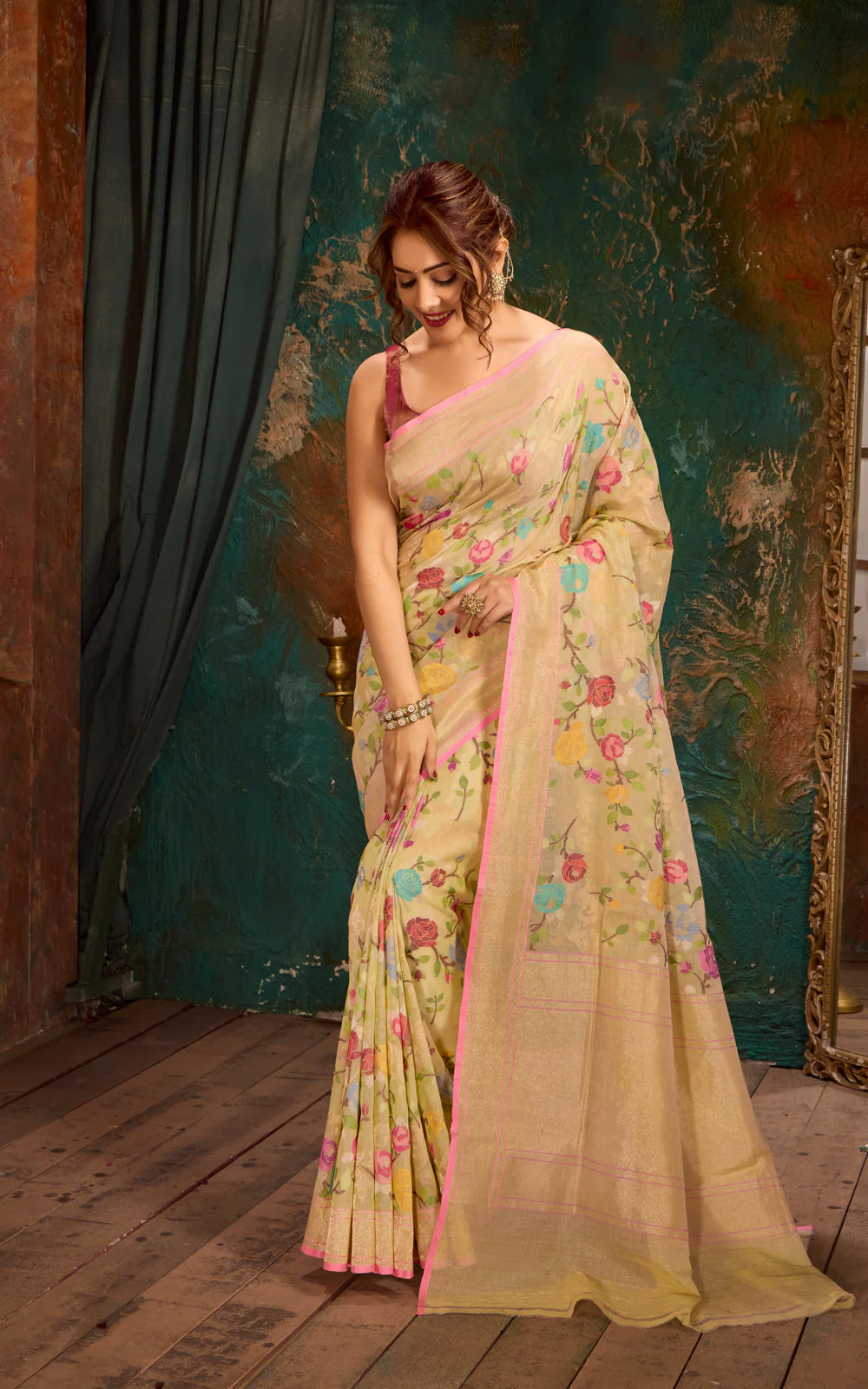 Mild Pista Green Real Zari Banarasi Cotton Saree With Jamdani Weaves - Image 3