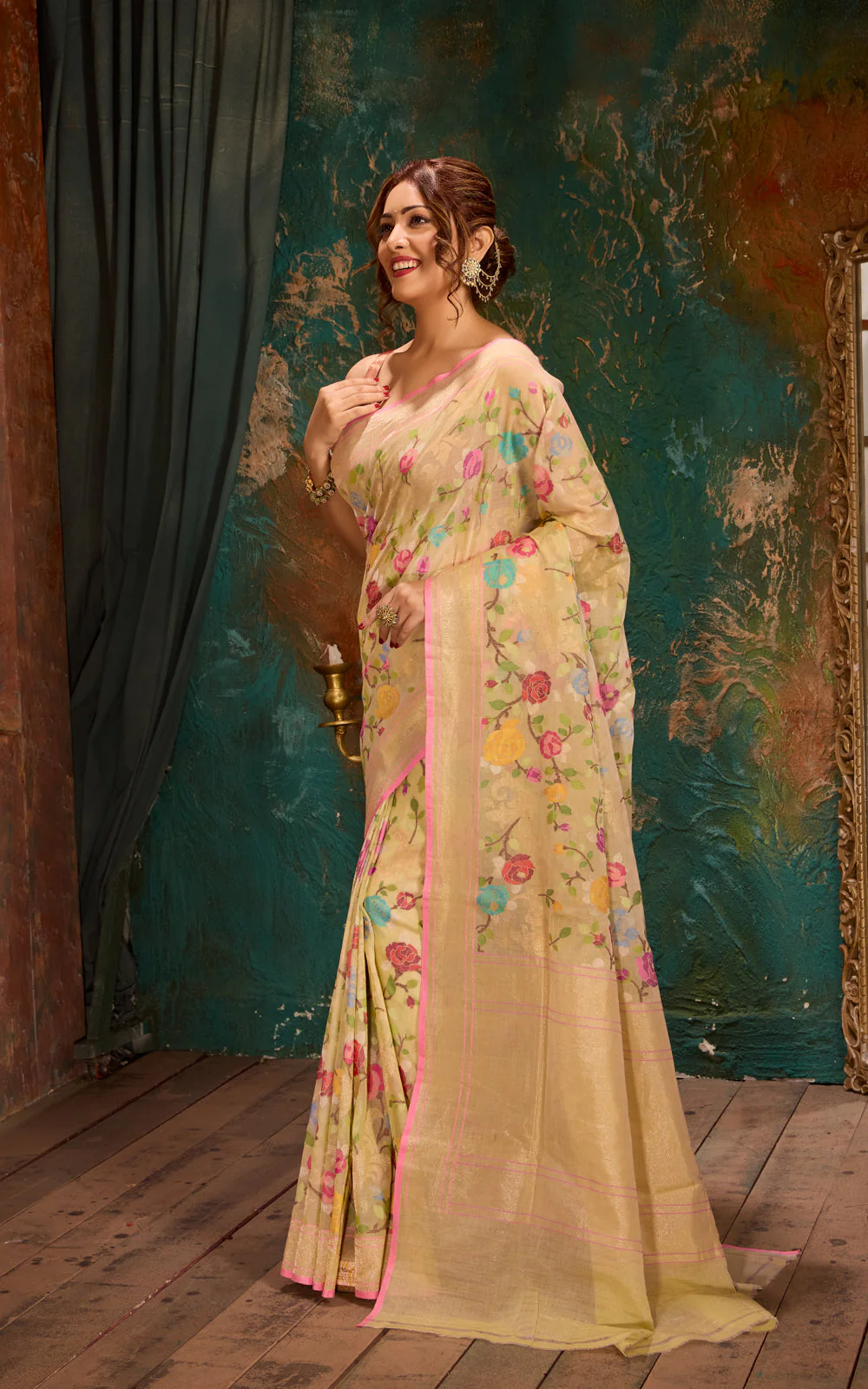 Mild Pista Green Real Zari Banarasi Cotton Saree With Jamdani Weaves - Image 4