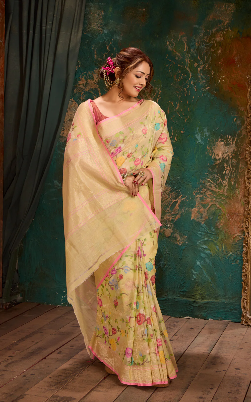 Mild Pista Green Real Zari Banarasi Cotton Saree With Jamdani Weaves - Image 5