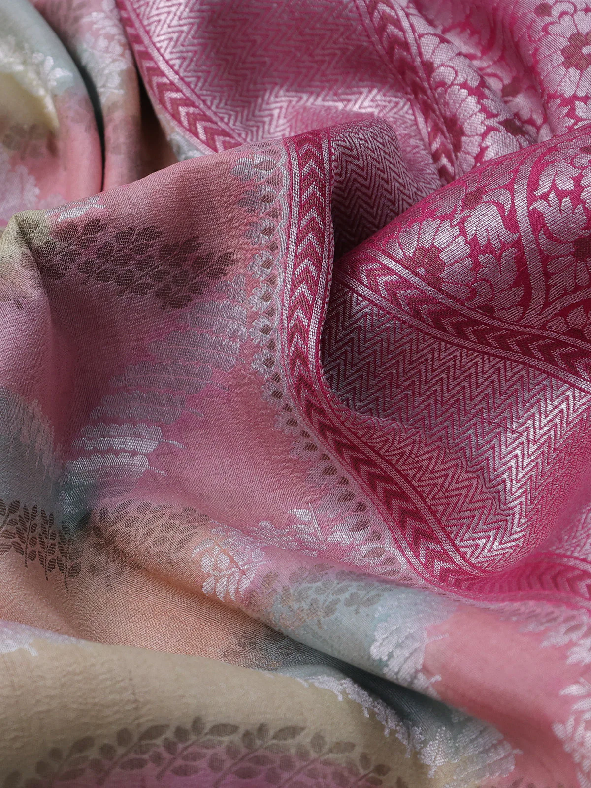 Multi Colour Banarasi Tussar Georgette Silk Saree With Allover Silver & Gold Zari Weaves - Image 3