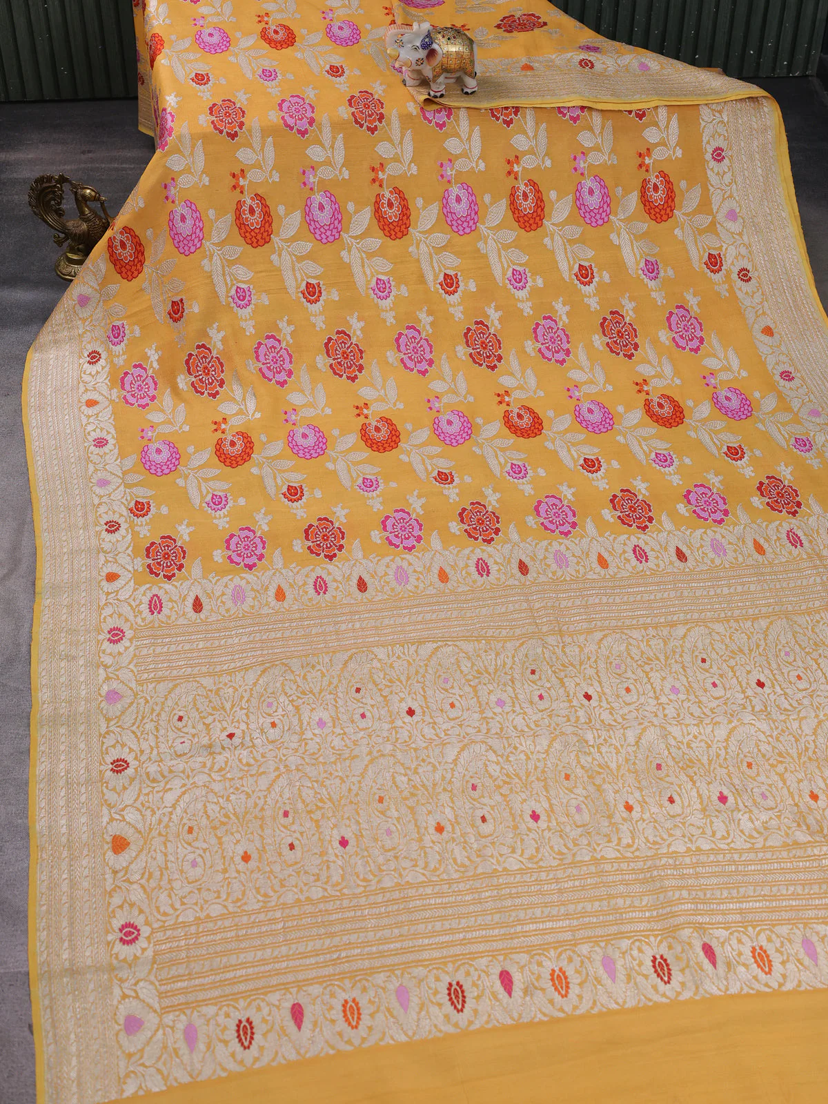 Mustard Yellow Banarasi Khaddi Tussar Saree - Image 2
