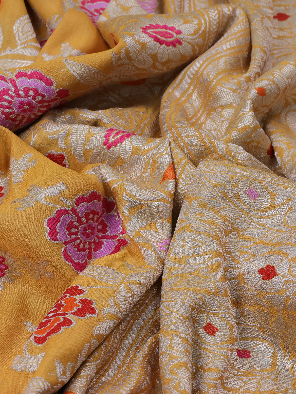 Mustard Yellow Banarasi Khaddi Tussar Saree - Image 3