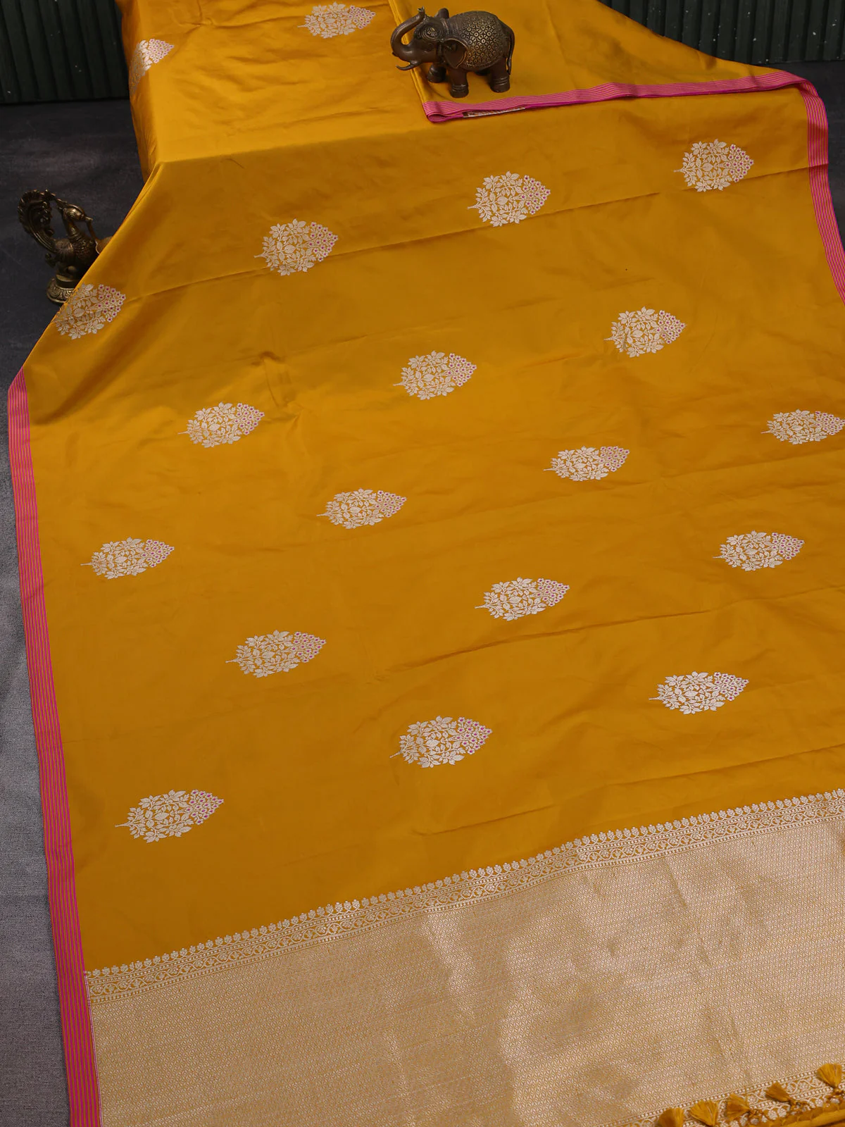Mustard Yellow Banarasi Mushru Silk Saree - Image 2