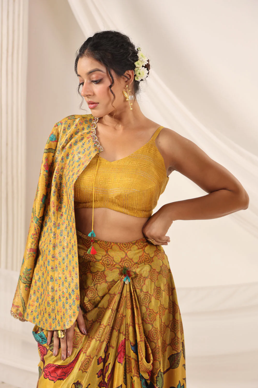Mustard Yellow Fusion Set With Crop Top And Dreped Skirt Paired Long Ethnic Jacket - Image 10