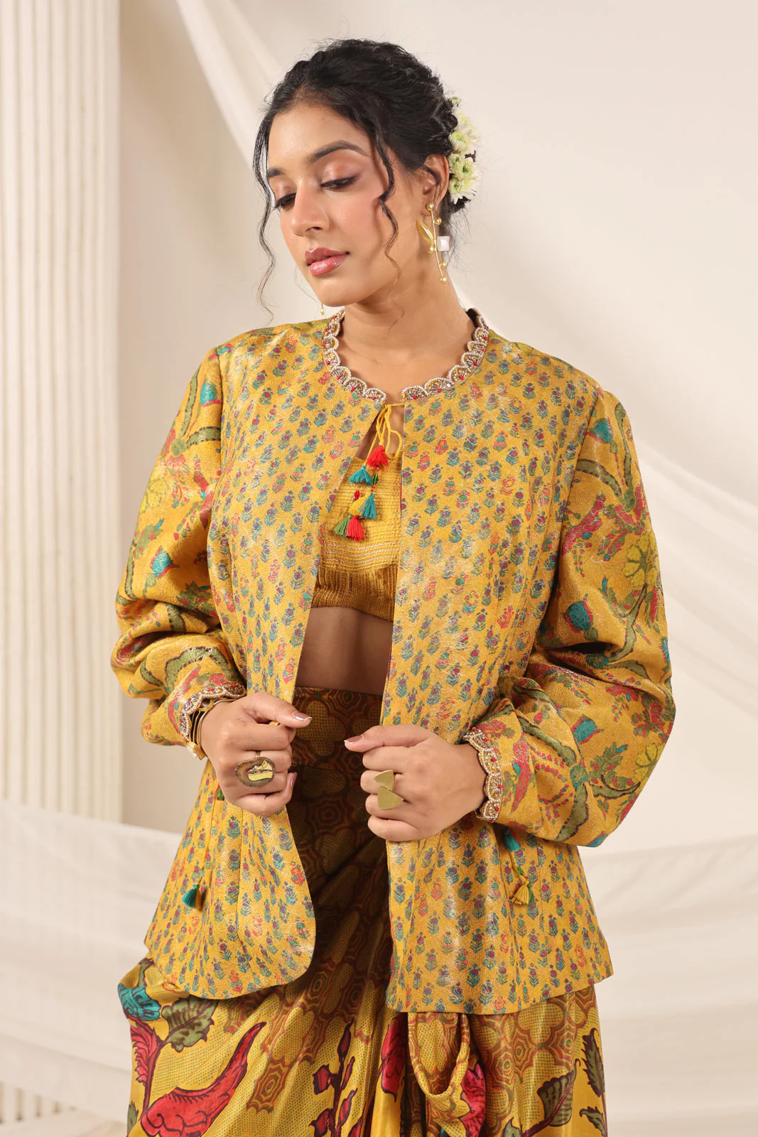 Mustard Yellow Fusion Set With Crop Top And Dreped Skirt Paired Long Ethnic Jacket - Image 11